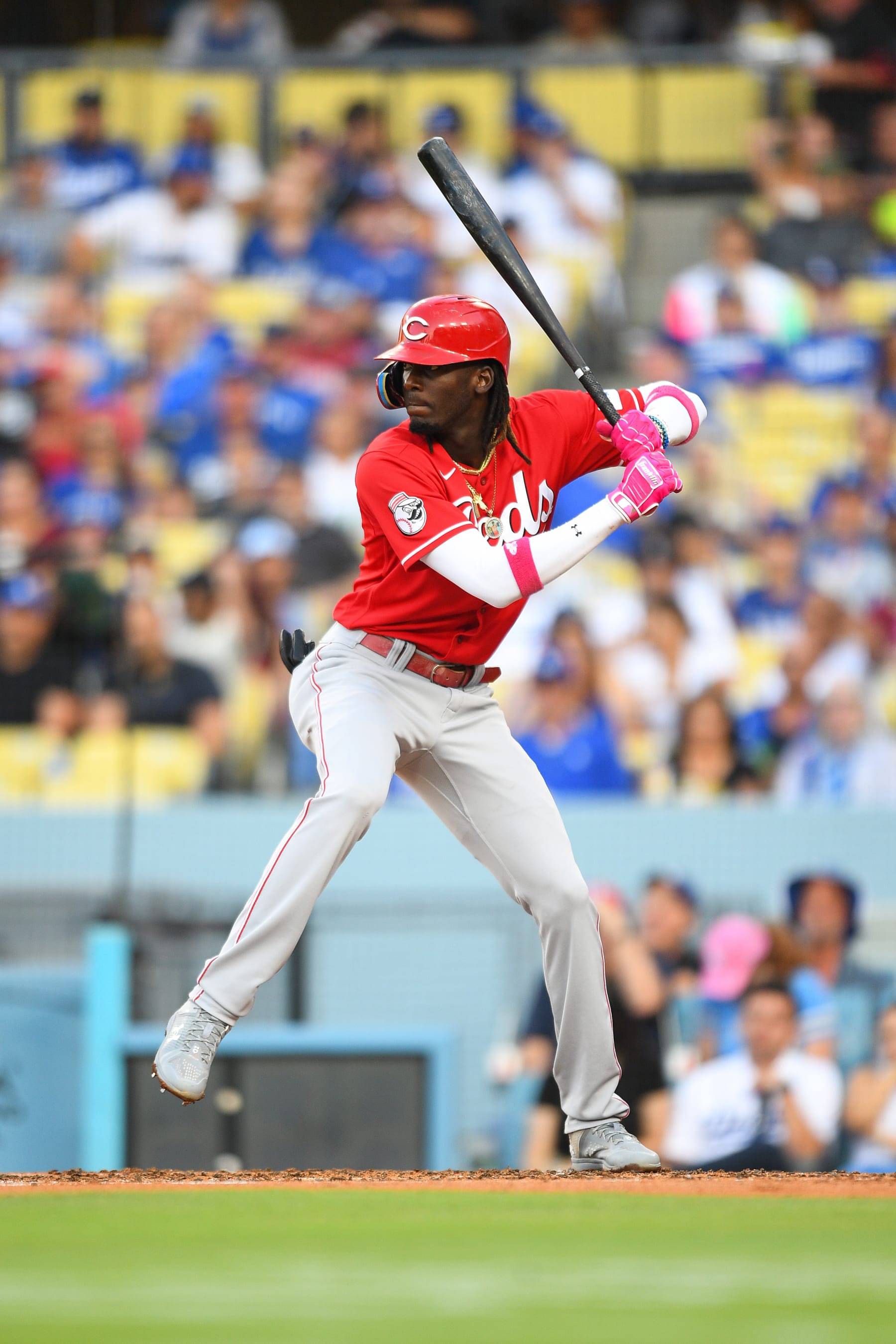 LOS ANGELES, CA - JULY 29: Cincinnati Reds shortstop Elly De La Cruz (44) at bat during the MLB game between the Cincinnati Reds and the Los Angeles Dodgers on July 29, 2023 at Dodger Stadium in Los Angeles, CA. (Photo by Brian Rothmuller/Icon Sportswire via Getty Images)