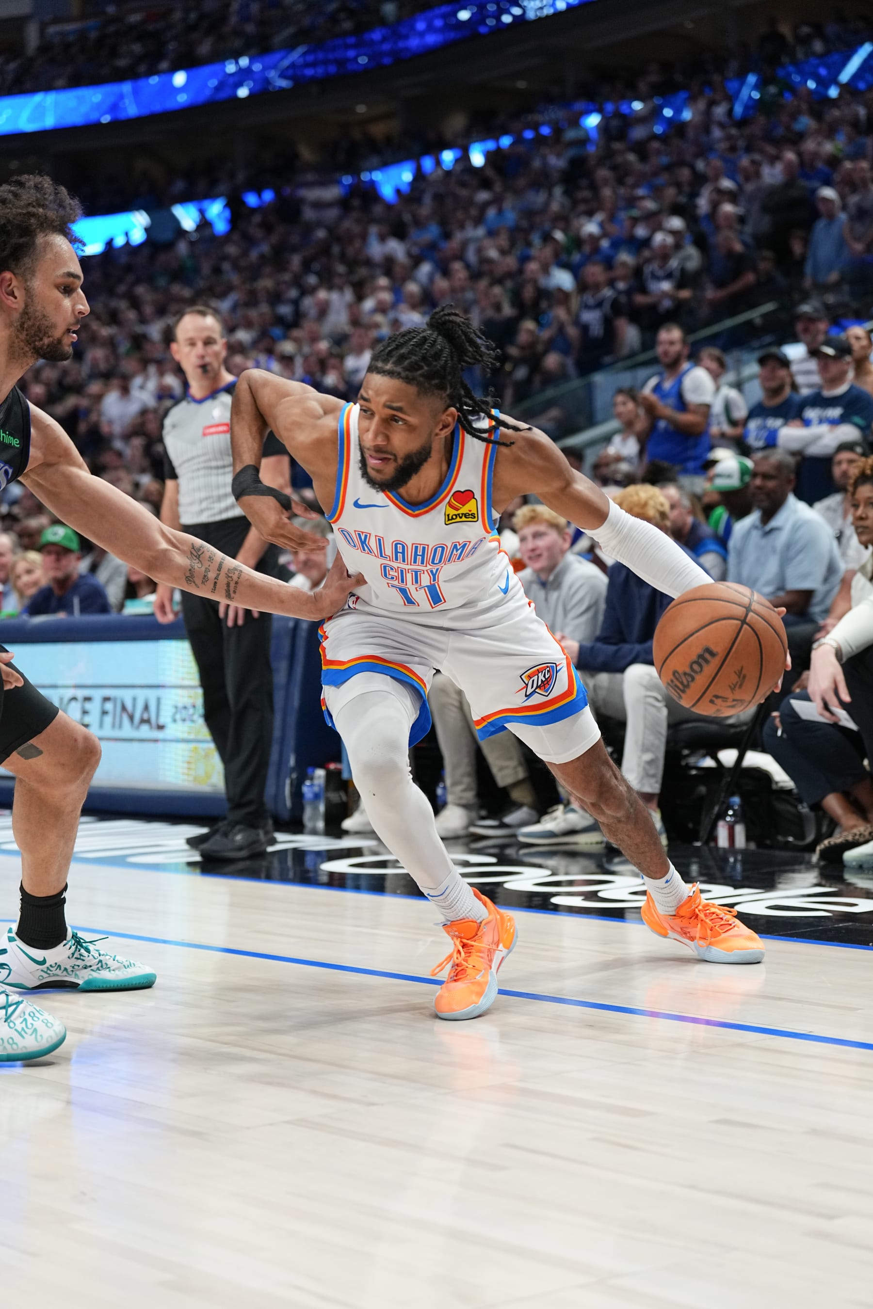 DALLAS, TX - MAY 18:  Isaiah Joe #11 of the Oklahoma City Thunder  goes to the basket during the game the Dallas Mavericks during Round 2 Game 6 of the 2024 NBA Playoffs  on May 18, 2024  at the American Airlines Center in Dallas, Texas. NOTE TO USER: User expressly acknowledges and agrees that, by downloading and or using this photograph, User is consenting to the terms and conditions of the Getty Images License Agreement. Mandatory Copyright Notice: Copyright 2024 NBAE (Photo by Glenn James/NBAE via Getty Images)