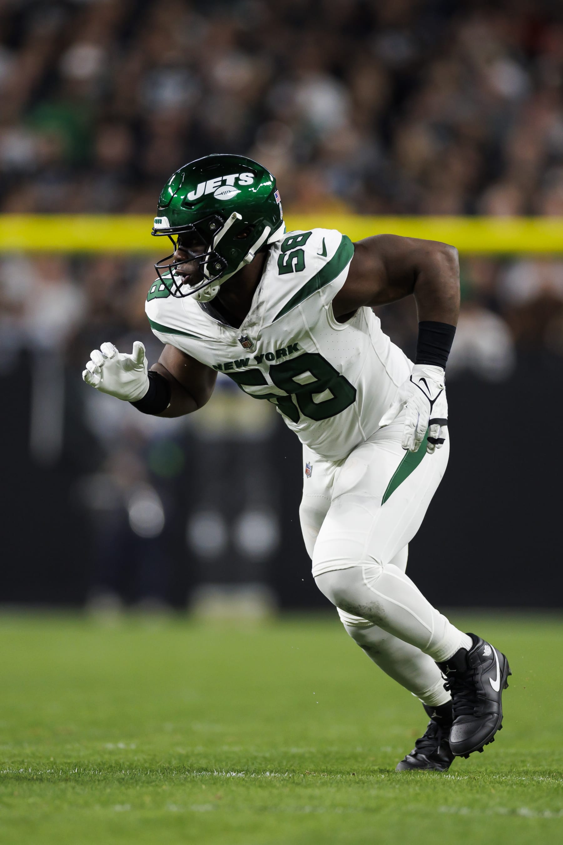 LAS VEGAS, NEVADA - NOVEMBER 12: Carl Lawson #58 of the New York Jets runs around the edge during an NFL football game against the Las Vegas Raiders at Allegiant Stadium  on November 12, 2023 in Las Vegas, Nevada. (Photo by Ryan Kang/Getty Images)