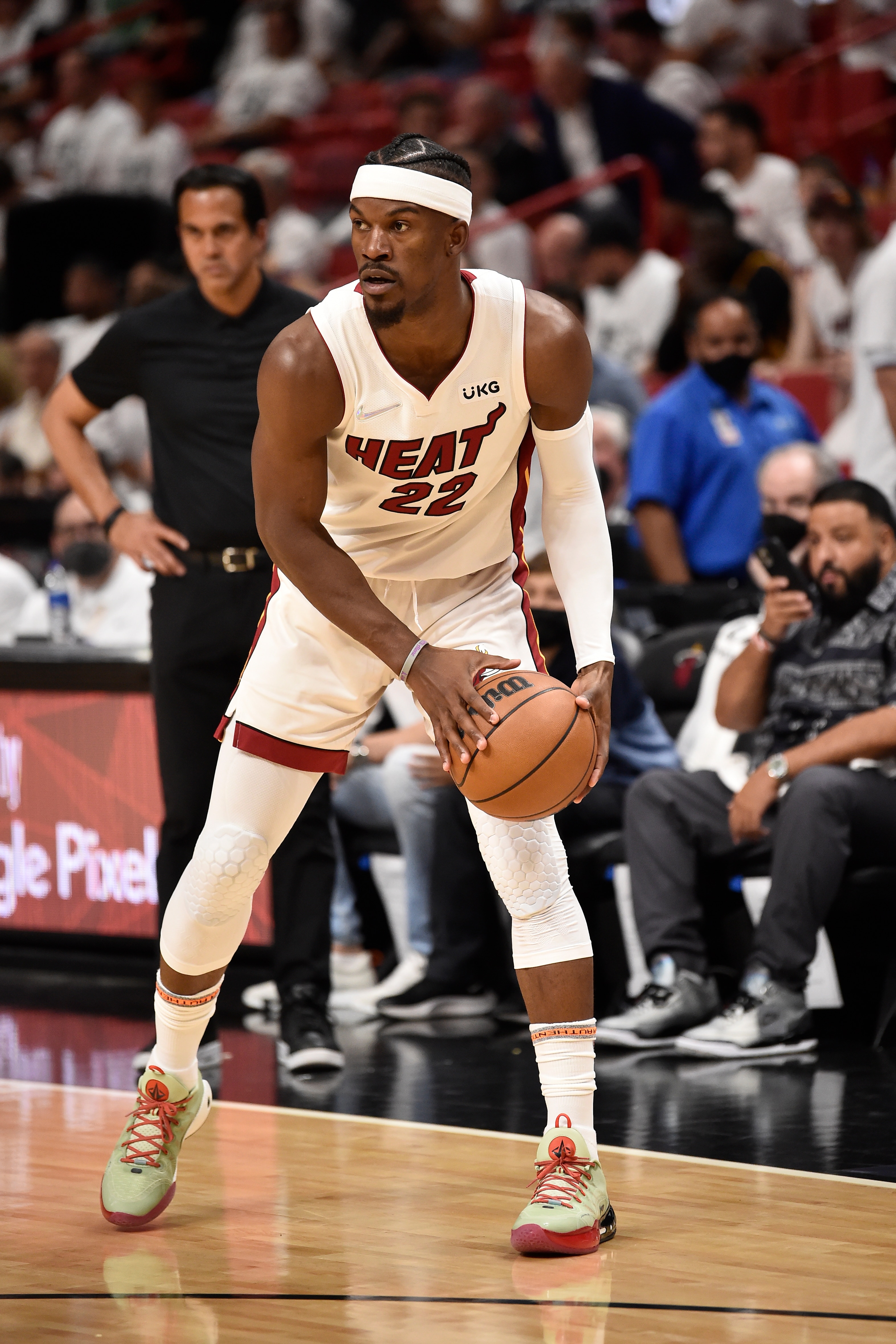 MIAMI, FL - MAY 25: Jimmy Butler #22 of the Miami Heat dribbles the ball during Game 5 of the 2022 NBA Playoffs Eastern Conference Finals on May 25, 2022 at FTX Arena in Miami, Florida. NOTE TO USER: User expressly acknowledges and agrees that, by downloading and or using this Photograph, user is consenting to the terms and conditions of the Getty Images License Agreement. Mandatory Copyright Notice: Copyright 2022 NBAE (Photo by David Dow/NBAE via Getty Images)