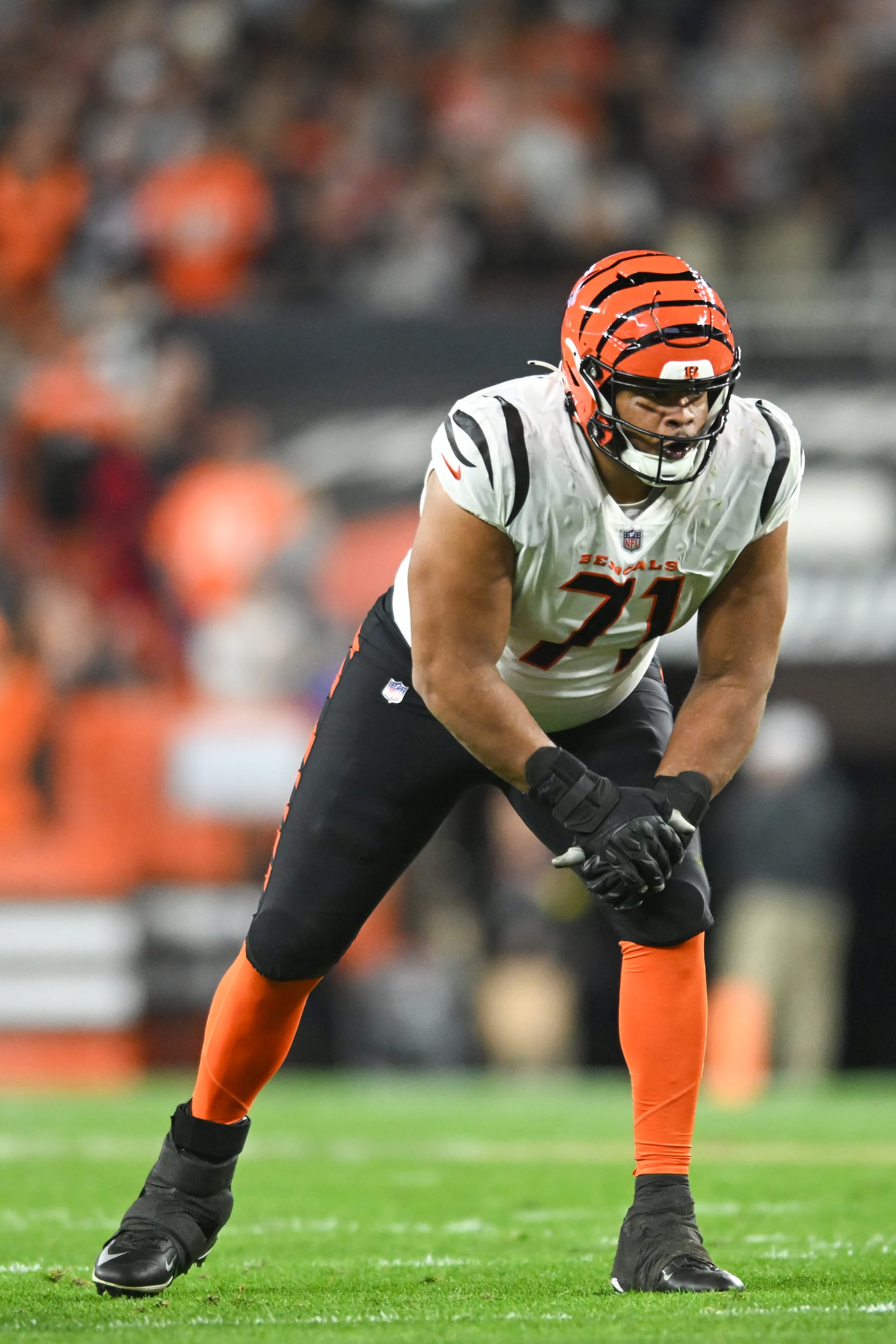 CLEVELAND, OHIO - OCTOBER 31: La'el Collins #71 of the Cincinnati Bengals waits for the snap during the first half against the Cleveland Browns at FirstEnergy Stadium on October 31, 2022 in Cleveland, Ohio. (Photo by Nick Cammett/Diamond Images via Getty Images)