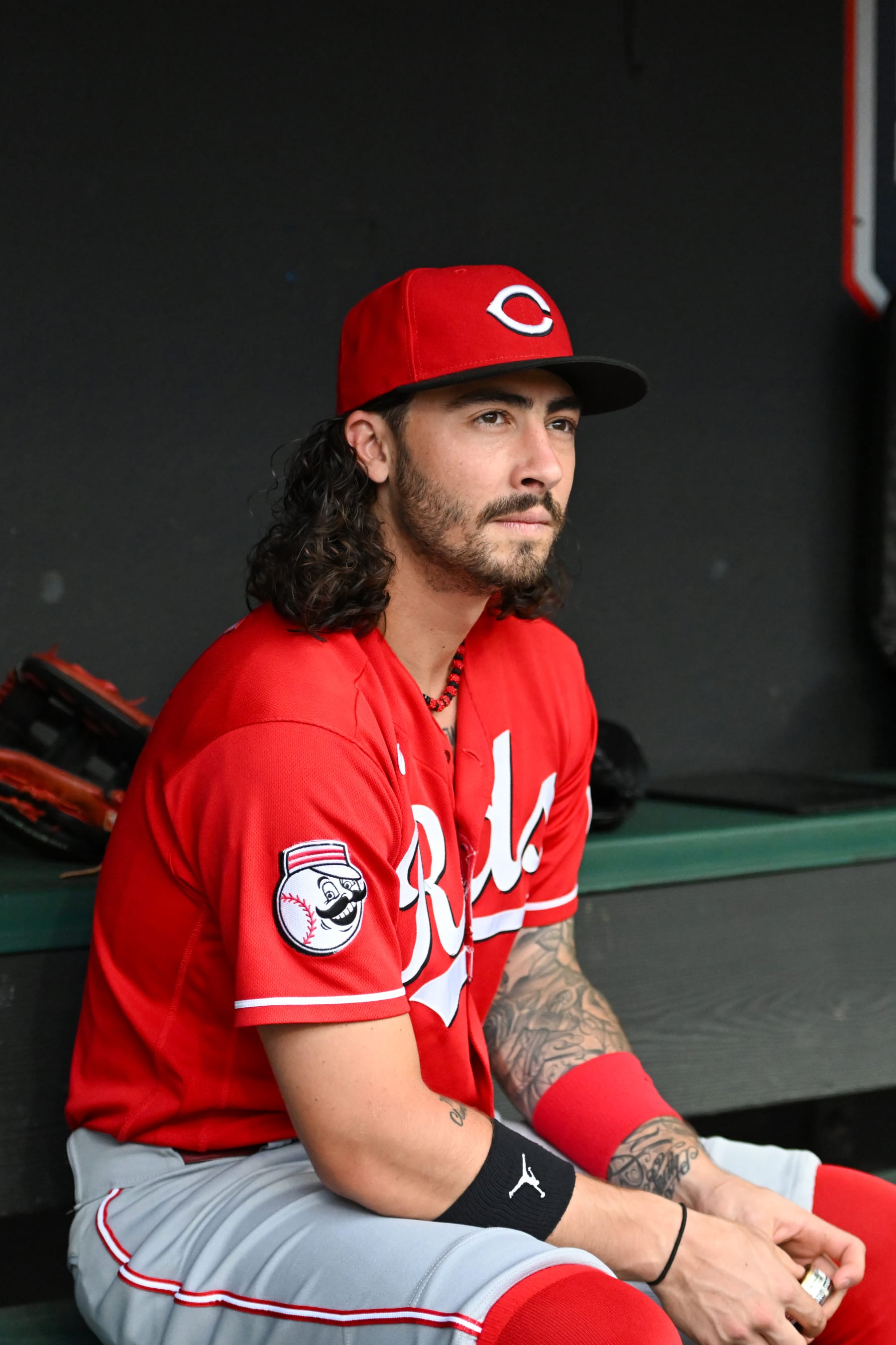 CLEVELAND, OHIO - SEPTEMBER 26, 2023: Jonathan India #6 of the Cincinnati Reds looks on prior to a game against the Cleveland Guardians at Progressive Field on September 26, 2023 in Cleveland, Ohio. (Photo by Nick Cammett/Diamond Images via Getty Images)
