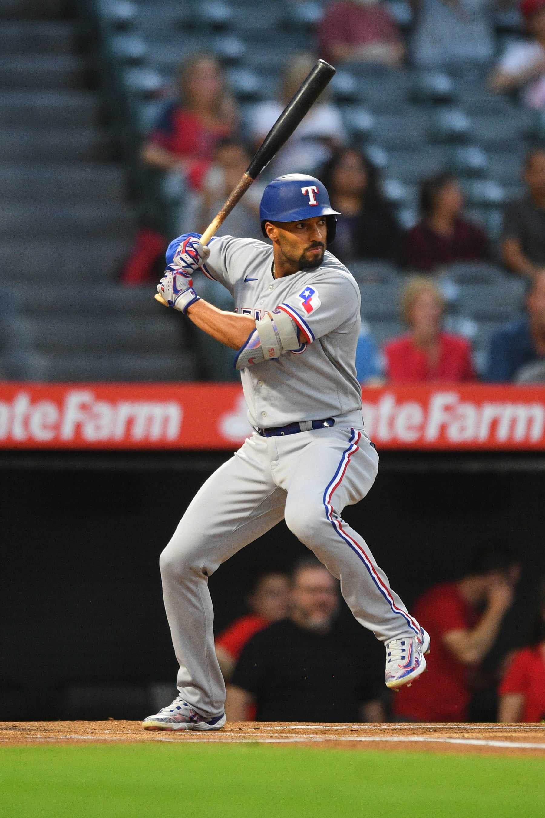 ANAHEIM, CA - SEPTEMBER 26: Texas Rangers second baseman Marcus Semien (2) at bat during the MLB game between the Texas Rangers and the Los Angeles Angels of Anaheim on September 26, 2023 at Angel Stadium of Anaheim in Anaheim, CA. (Photo by Brian Rothmuller/Icon Sportswire via Getty Images)