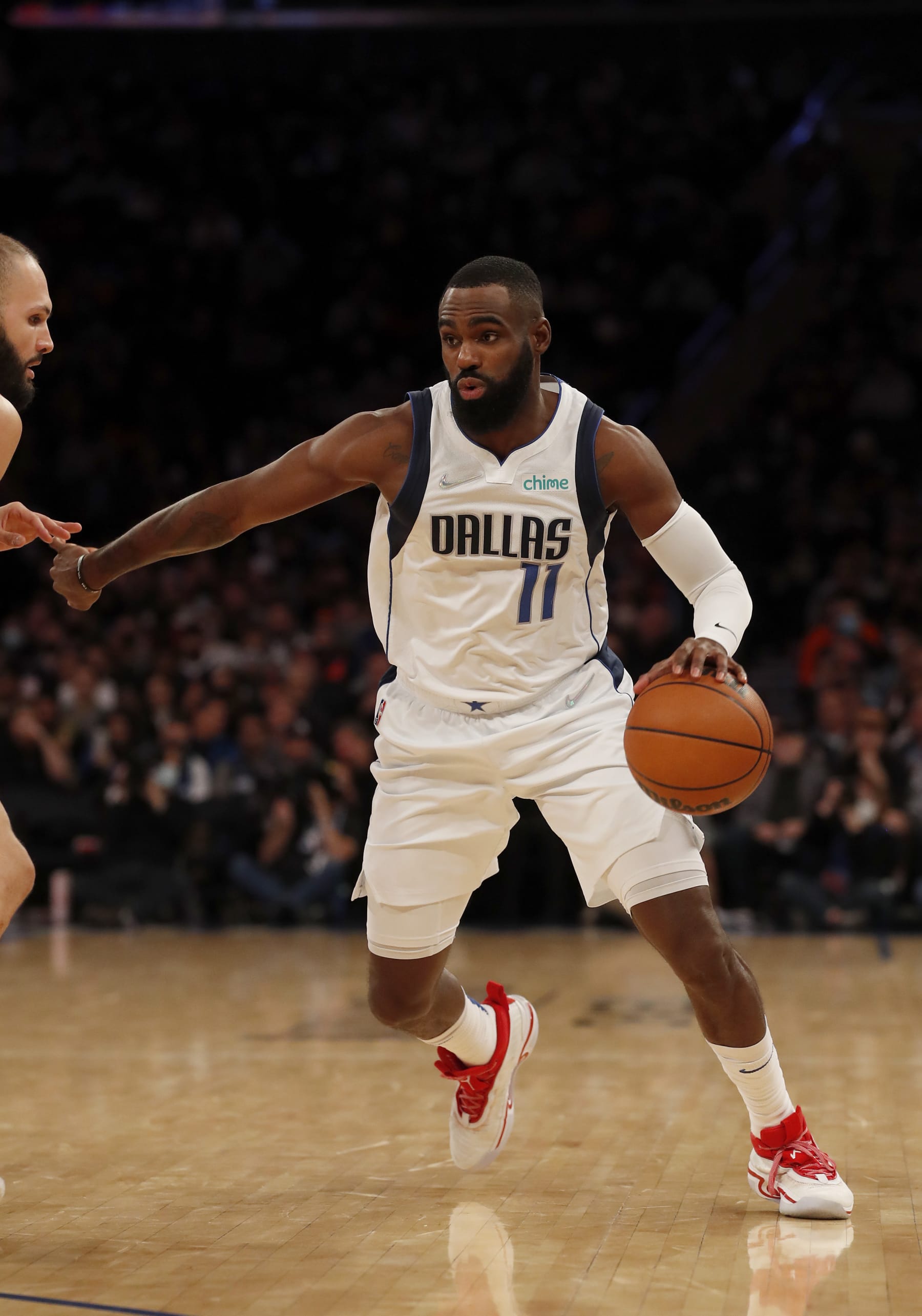 NEW YORK, NEW YORK - JANUARY 12: (NEW YORK DAILIES OUT)  Tim Hardaway Jr. #11 of the Dallas Mavericks in action against the New York Knicks at Madison Square Garden on January 12, 2022 in New York City. The Knicks defeated the Mavericks 108-85. NOTE TO USER: User expressly acknowledges and agrees that, by downloading and or using this photograph, user is consenting to the terms and conditions of the Getty Images License Agreement. (Photo by Jim McIsaac/Getty Images)
