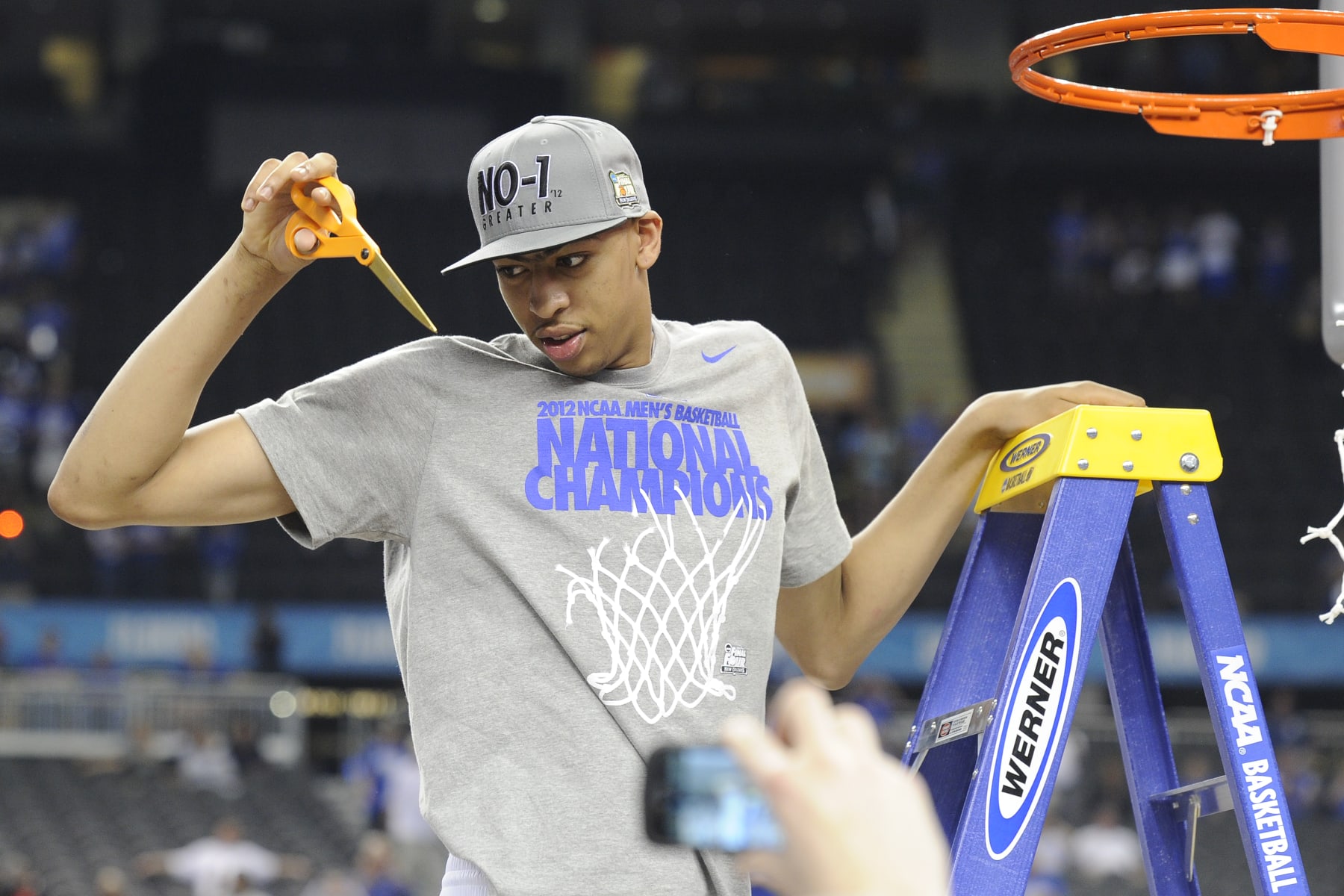 02 APR 2012: Anthony Davis from the University of Kentucky cuts down the net following the Championship Game of the 2012 NCAA Photos via Getty Images Men's Division I Basketball Championship Final Four held at the Mercedes-Benz Superdome hosted by Tulane University in New Orleans, LA. Kentucky defeated Kansas 67-59 to claim the championship title. Ryan McKee/ NCAA Photos via Getty Images.
