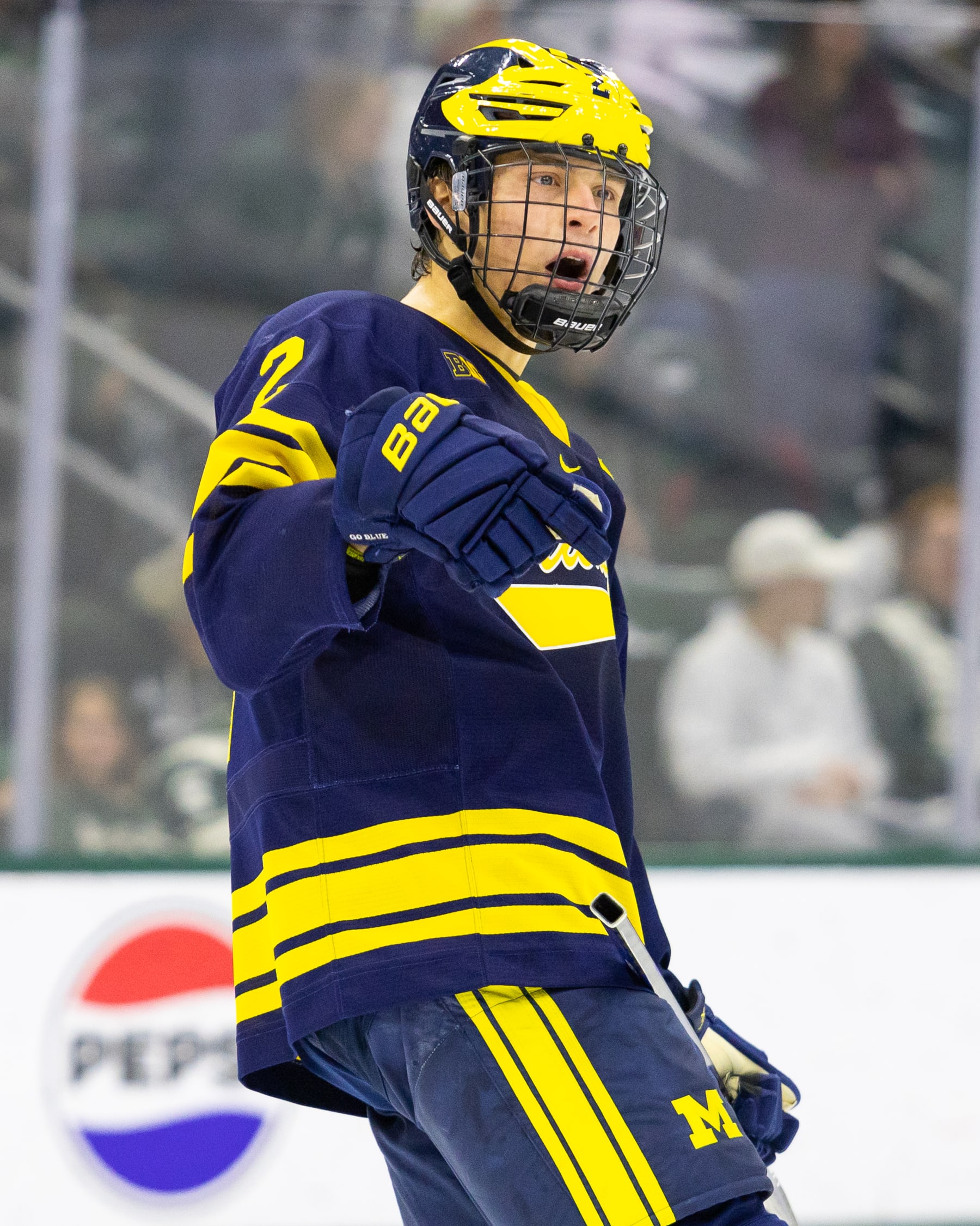 EAST LANSING, MICHIGAN - JANUARY 19: Rutger McGroarty #2 of Michigan yells at one of his teammates during a game between University of Michigan and Michigan State University at Munn Ice Arena on January 19, 2024 in East Lansing, Michigan. (Photo by Michael Miller/ISI Photos/Getty Images)