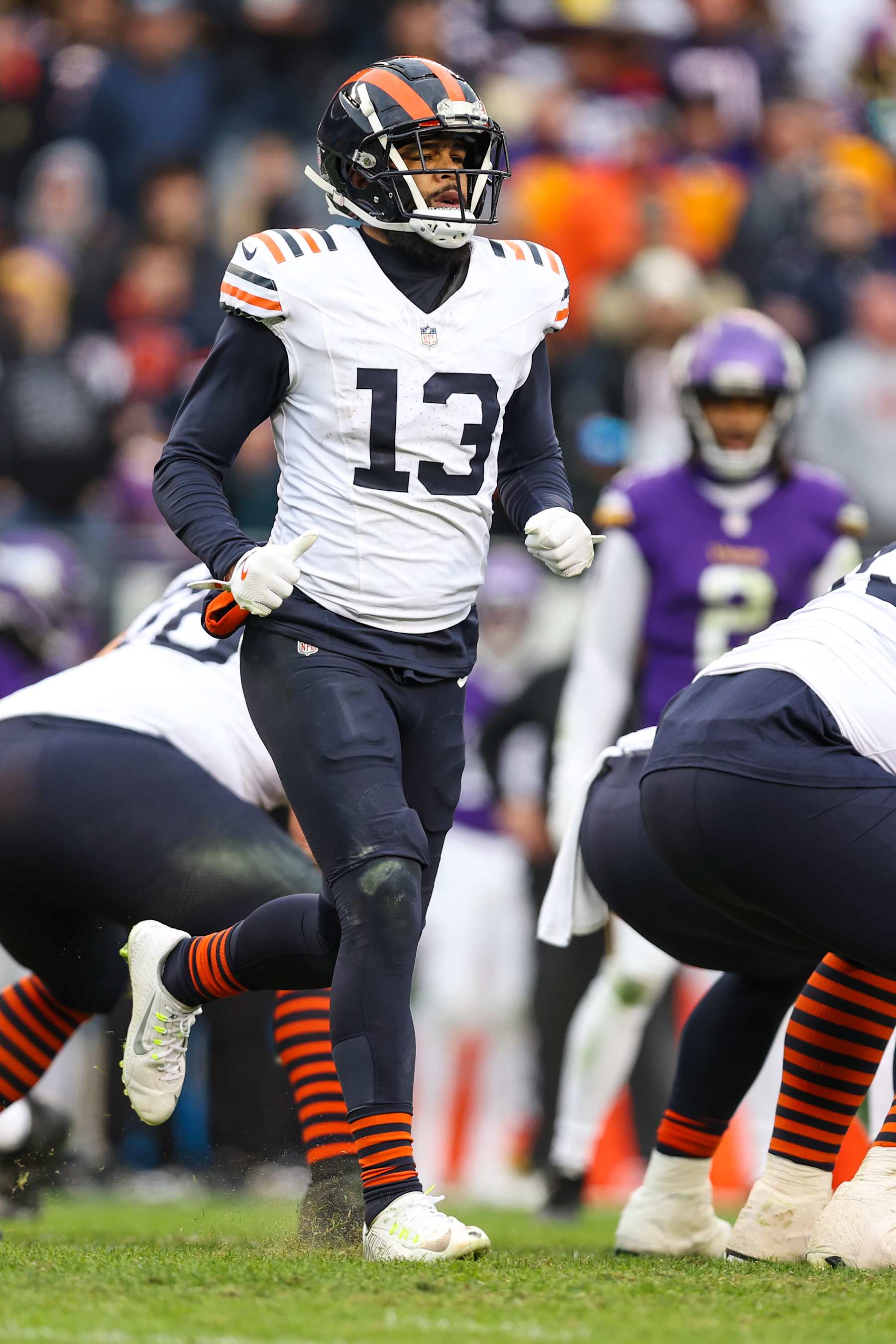 CHICAGO, ILLINOIS - NOVEMBER 24: Keenan Allen #13 of the Chicago Bears is set in motion during an NFL football game against the Minnesota Vikings at Soldier Field on November 24, 2024 in Chicago, Illinois. (Photo by Perry Knotts/Getty Images)