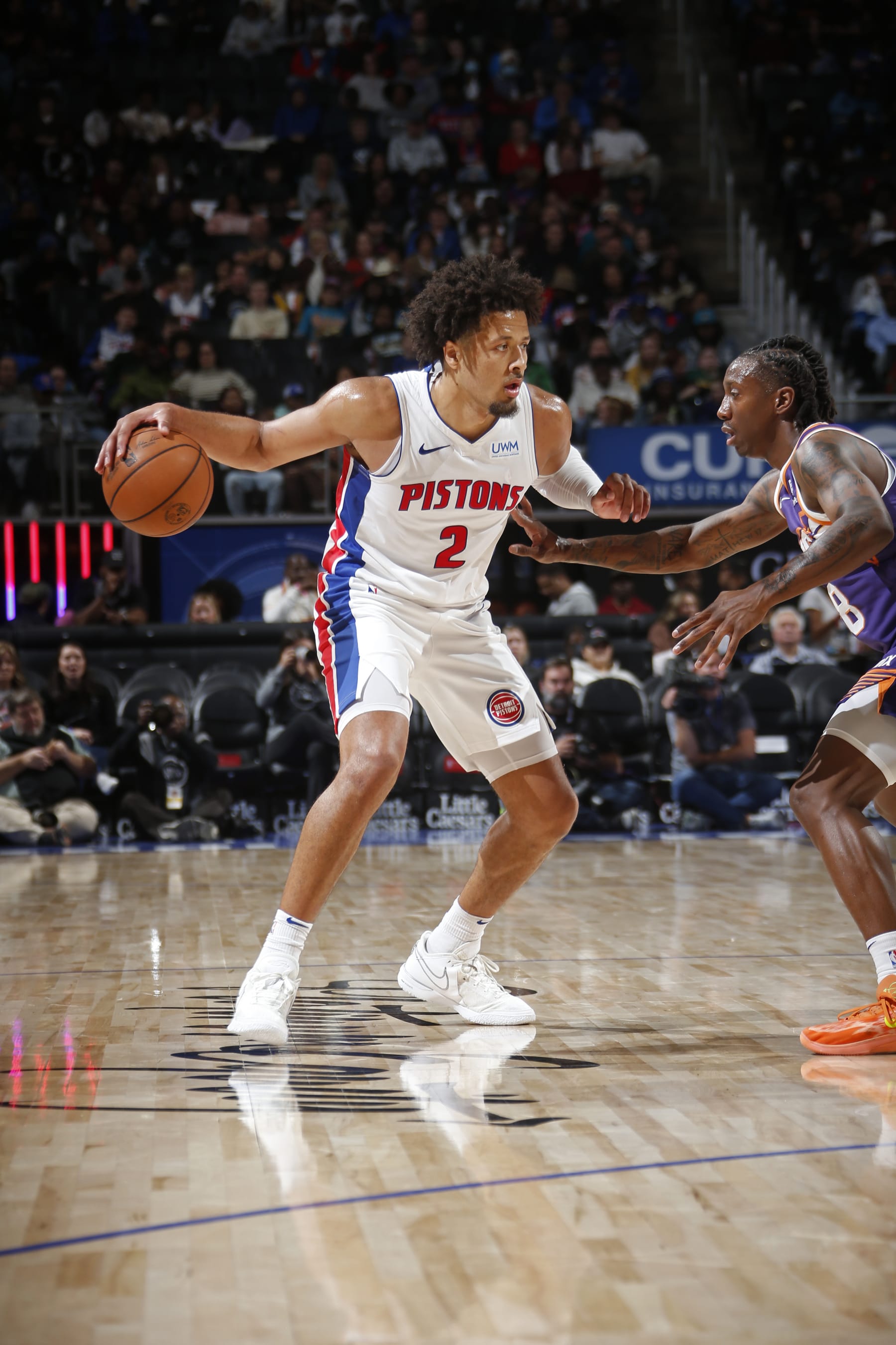 DETROIT, MI - OCTOBER 8: Cade Cunningham #2 of the Detroit Pistons handles the ball during the game against the Phoenix Suns on October 8, 2023 at Little Caesars Arena in Detroit, Michigan. NOTE TO USER: User expressly acknowledges and agrees that, by downloading and/or using this photograph, User is consenting to the terms and conditions of the Getty Images License Agreement. Mandatory Copyright Notice: Copyright 2023 NBAE (Photo by Brian Sevald/NBAE via Getty Images)