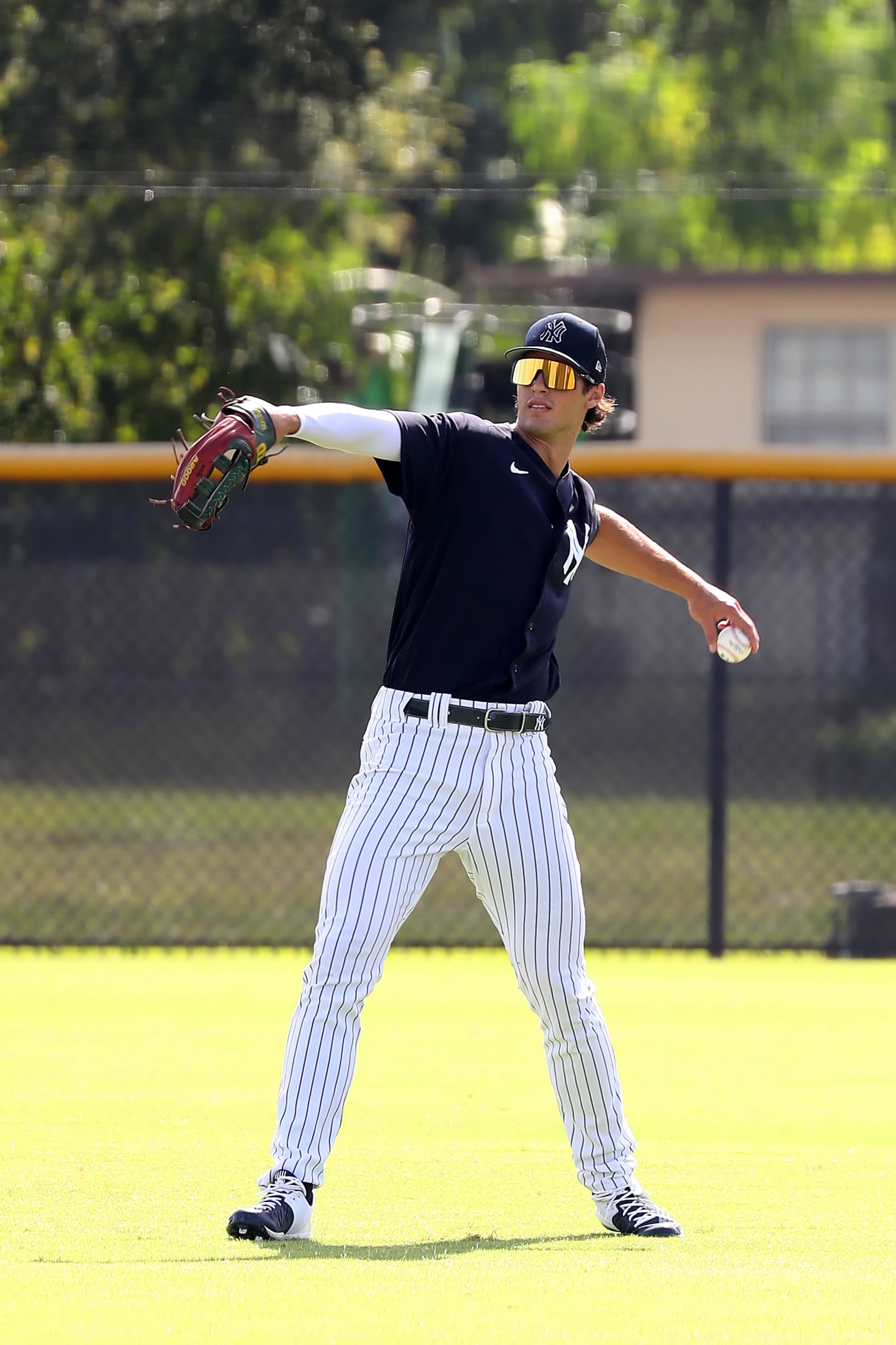 CLEARWATER, FL - AUGUST 06: New York Yankees 2022 first round pick Spencer Jones (66) from Vanderbilt in centerfield warming up during the Florida Complex League (FCL) game between the FCL Tigers and the FCL Yankees on August 06, 2022, at the New York Yankees Minor League Complex in Tampar, FL. (Photo by Cliff Welch/Icon Sportswire via Getty Images)