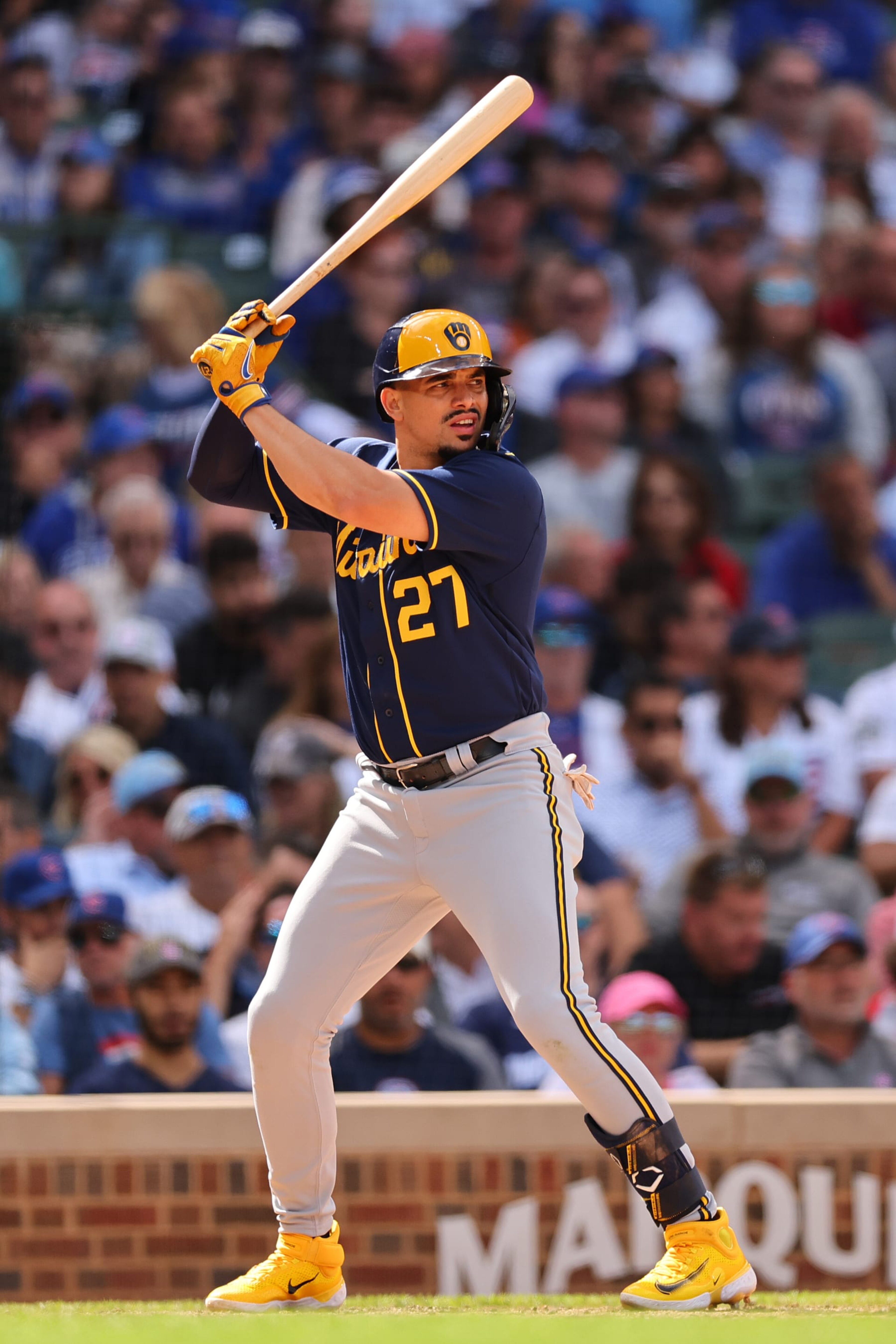CHICAGO, ILLINOIS - AUGUST 30: Willy Adames #27 of the Milwaukee Brewers at bat against the Chicago Cubs at Wrigley Field on August 30, 2023 in Chicago, Illinois. (Photo by Michael Reaves/Getty Images)