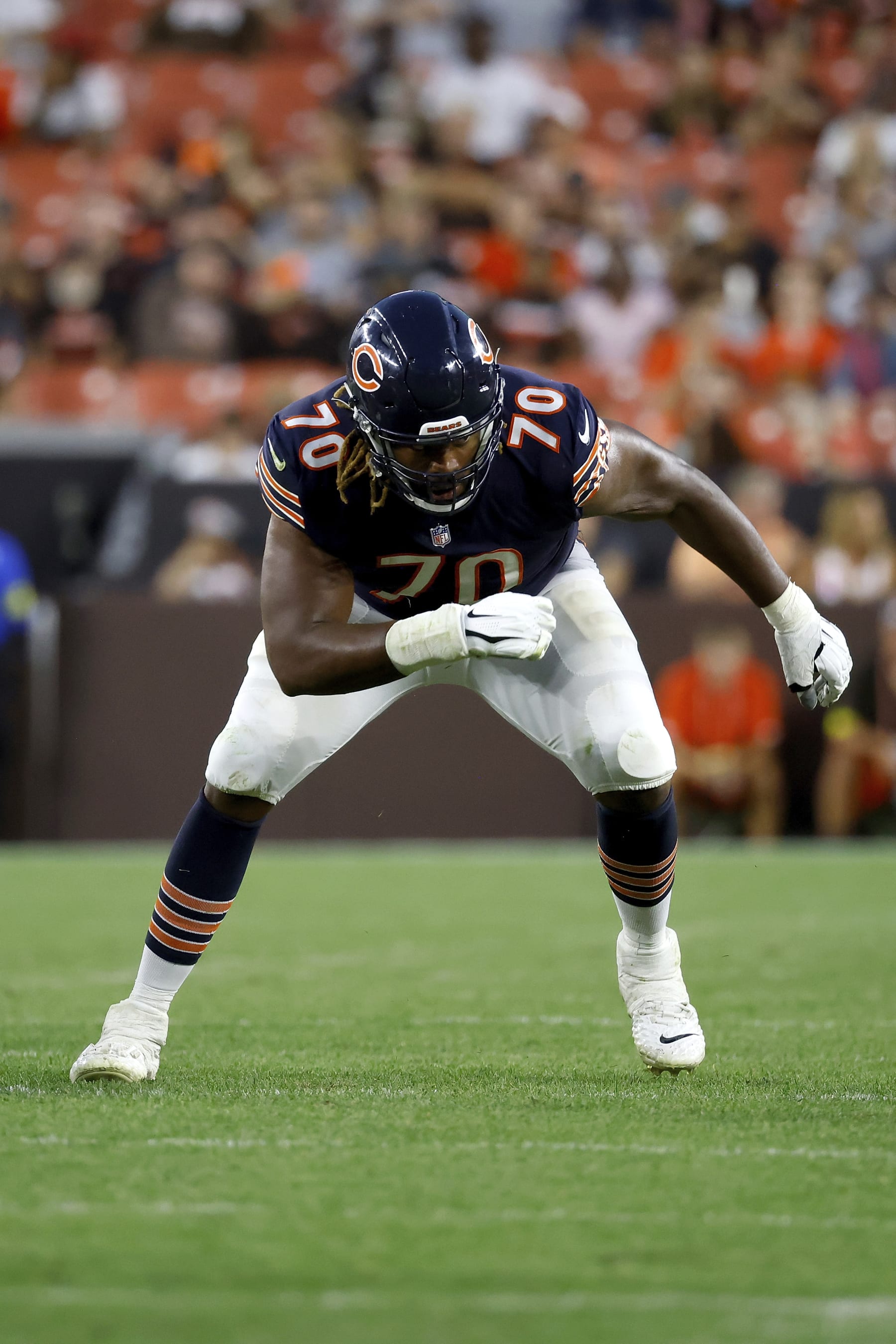 Chicago Bears offensive tackle Braxton Jones (70) looks to make a block during an NFL preseason football game against the Cleveland Browns, Saturday Aug. 27, 2022, in Cleveland. (AP Photo/Kirk Irwin)