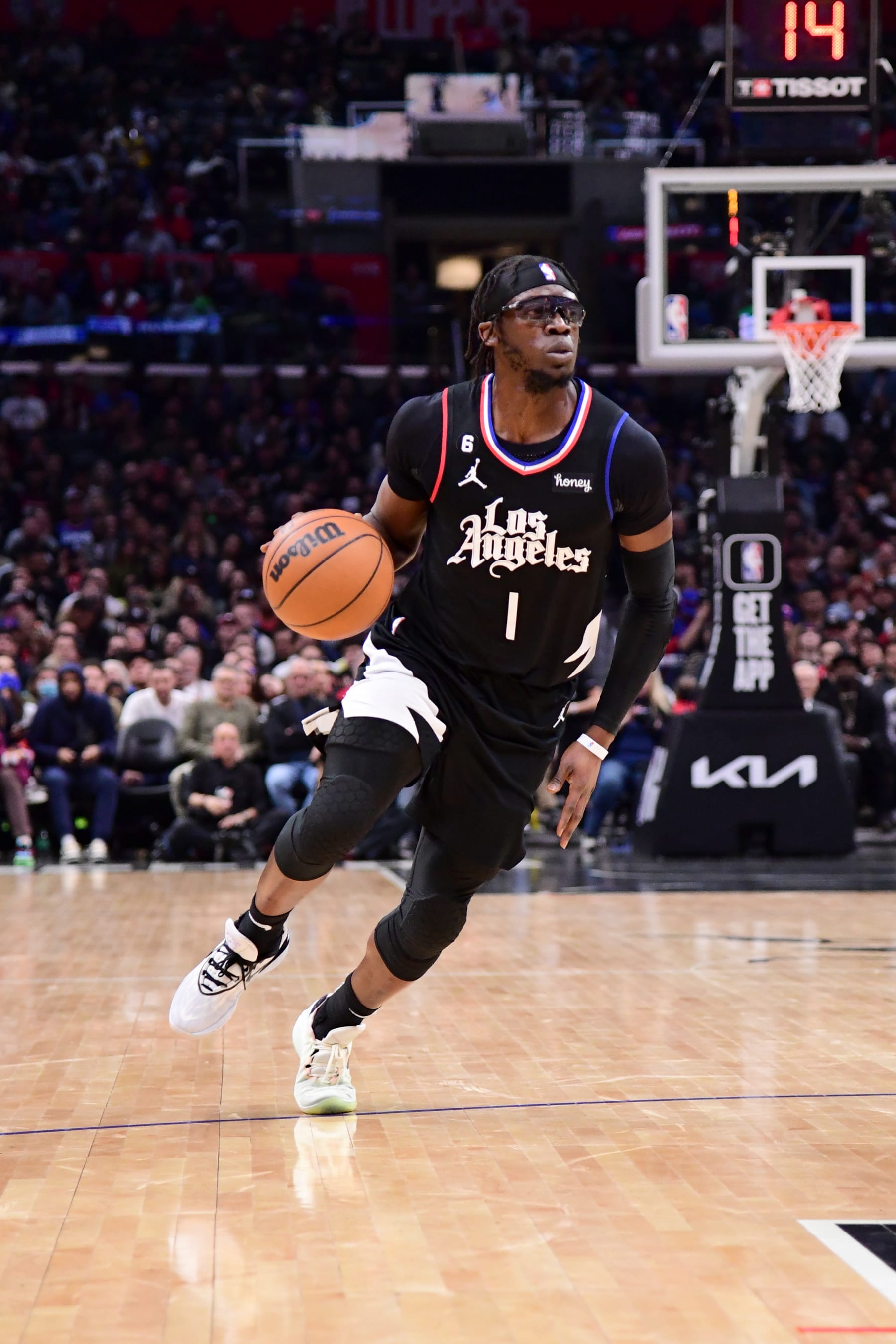 LOS ANGELES, CA - FEBRUARY 8: Reggie Jackson #1 of the LA Clippers dribbles the ball during the game against the Dallas Mavericks on February 8, 2023 at Crypto.Com Arena in Los Angeles, California. NOTE TO USER: User expressly acknowledges and agrees that, by downloading and/or using this Photograph, user is consenting to the terms and conditions of the Getty Images License Agreement. Mandatory Copyright Notice: Copyright 2023 NBAE (Photo by Adam Pantozzi/NBAE via Getty Images)