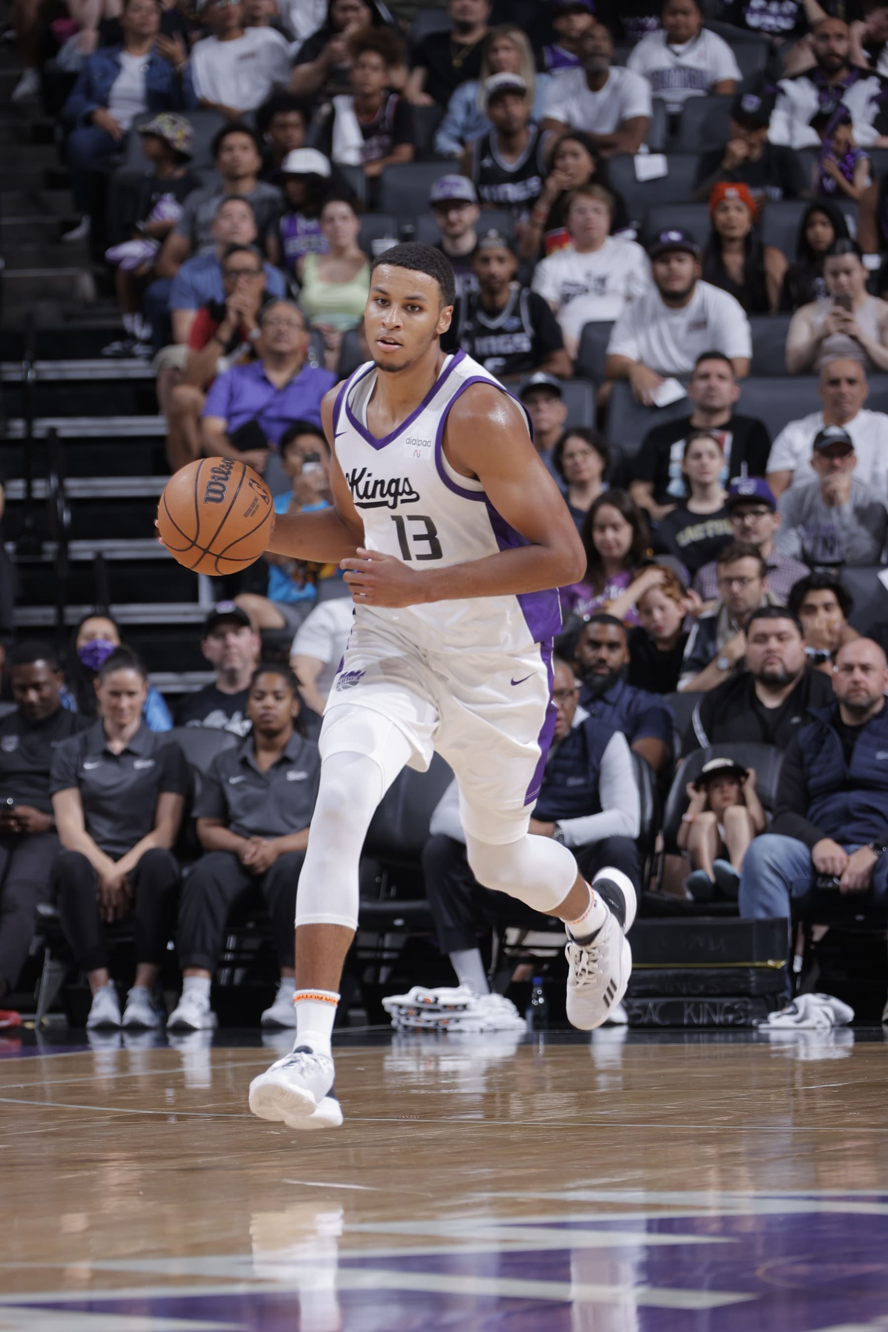 SACRAMENTO, CA - JULY 5: Keegan Murray #13 of the Sacramento Kings dribbles the ball during the 2023 NBA California Classic against the Miami Heat on July 5, 2023 at Golden 1 Center in Sacramento, California. NOTE TO USER: User expressly acknowledges and agrees that, by downloading and or using this Photograph, user is consenting to the terms and conditions of the Getty Images License Agreement. Mandatory Copyright Notice: Copyright 2023 NBAE (Photo by Rocky Widner/NBAE via Getty Images)