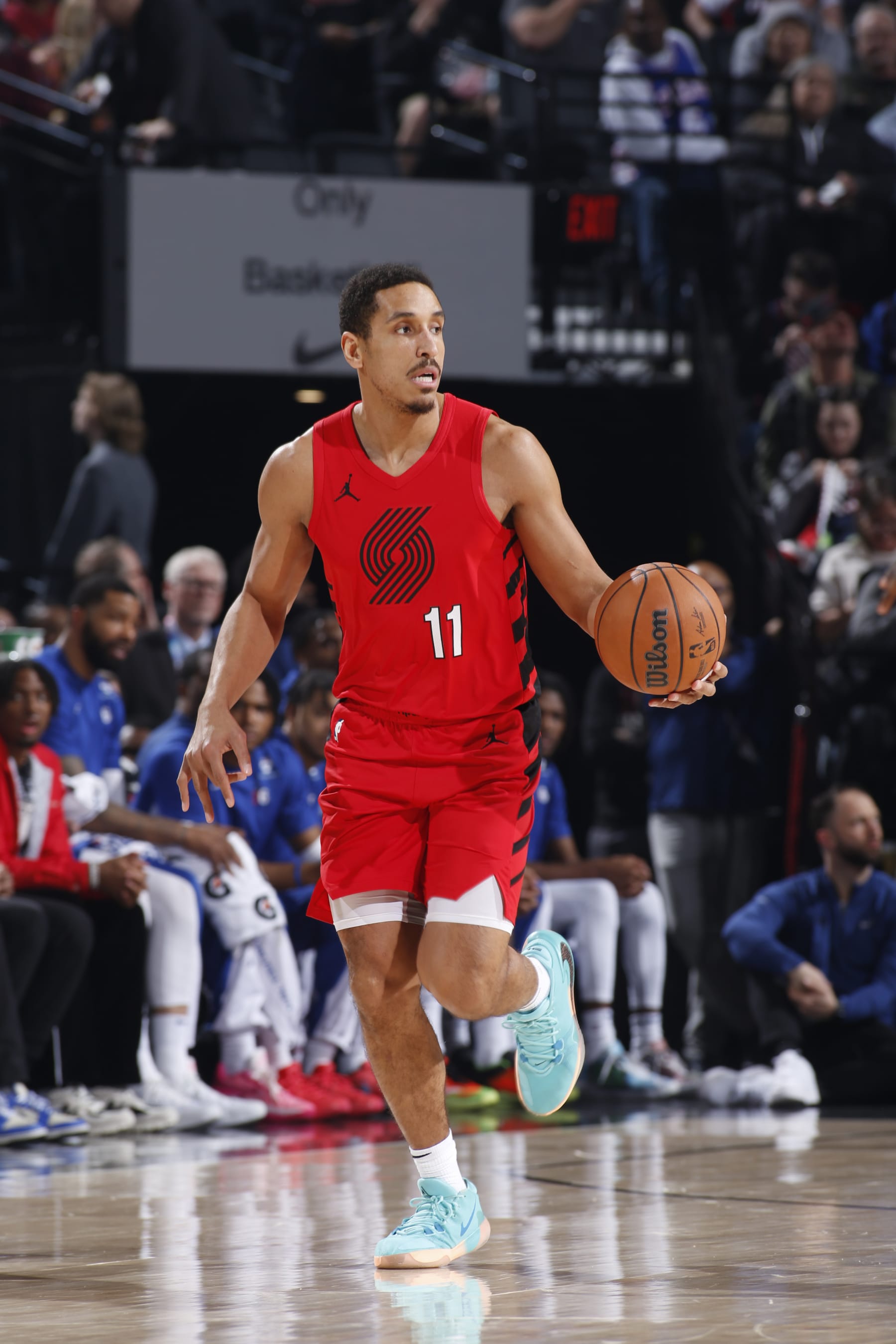 PORTLAND, OR - JANUARY 29: Malcolm Brogdon #11 of the Portland Trail Blazers dribbles the ball during the game against the Philadelphia 76ers on January 29, 2024 at the Moda Center Arena in Portland, Oregon. NOTE TO USER: User expressly acknowledges and agrees that, by downloading and or using this photograph, user is consenting to the terms and conditions of the Getty Images License Agreement. Mandatory Copyright Notice: Copyright 2024 NBAE (Photo by Cameron Browne/NBAE via Getty Images)