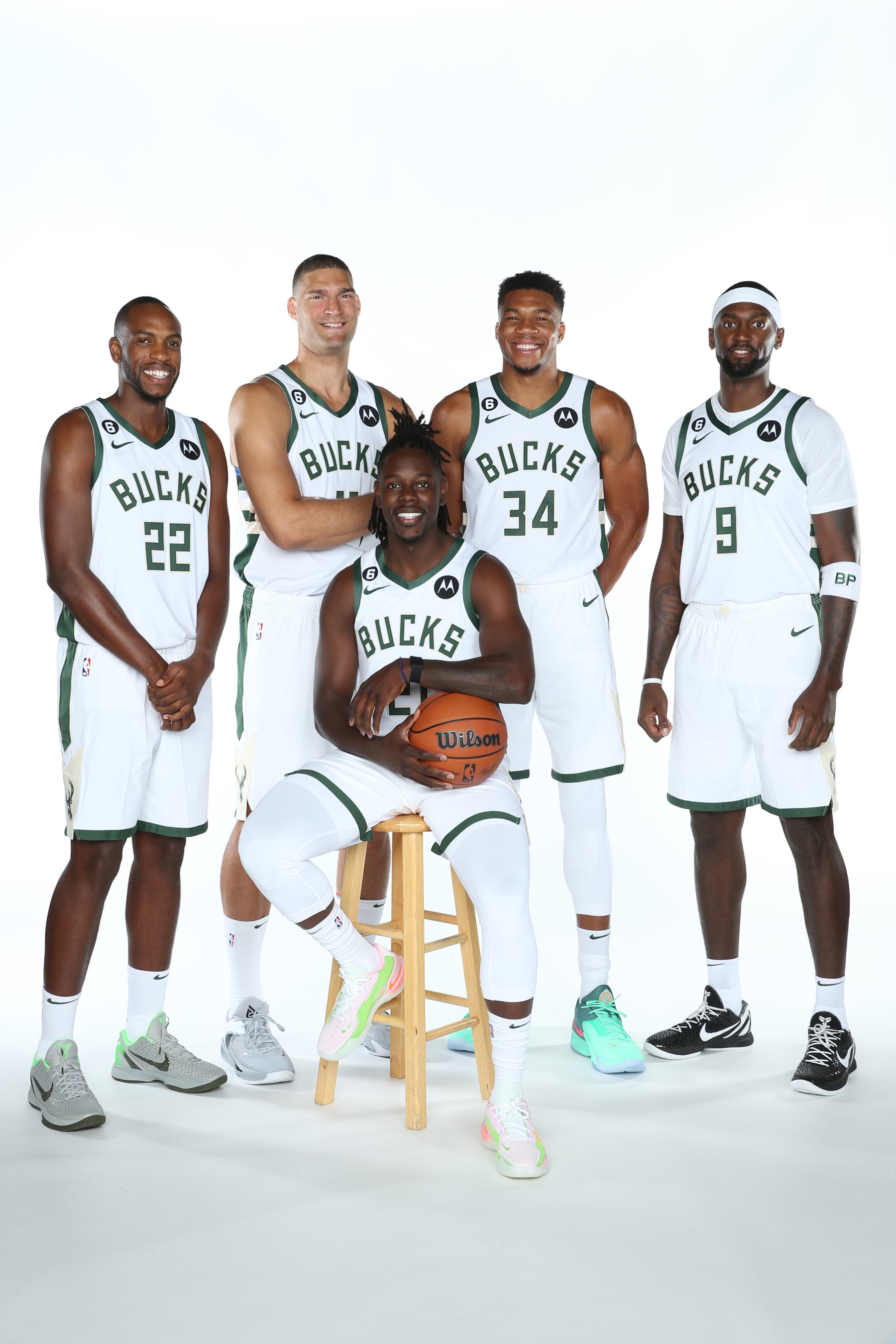 MILWAUKEE, WI - SEPTEMBER 25: Khris Middleton #22, Brook Lopez #11, Jrue Holiday #21, Giannis Anteokounmpo #34 and Bobby Portis #9 of the Milwaukee Bucks pose for portrait during NBA Media Day at Fiserv Forum on September 25, 2022 in Milwaukee, Wisconsin. NOTE TO USER: User expressly acknowledges and agrees that, by downloading and/or using this photograph, user is consenting to the terms and conditions of the Getty Images License Agreement. Mandatory Copyright Notice: Copyright 2022 NBAE (Photo by Gary Dineen/NBAE via Getty Images)