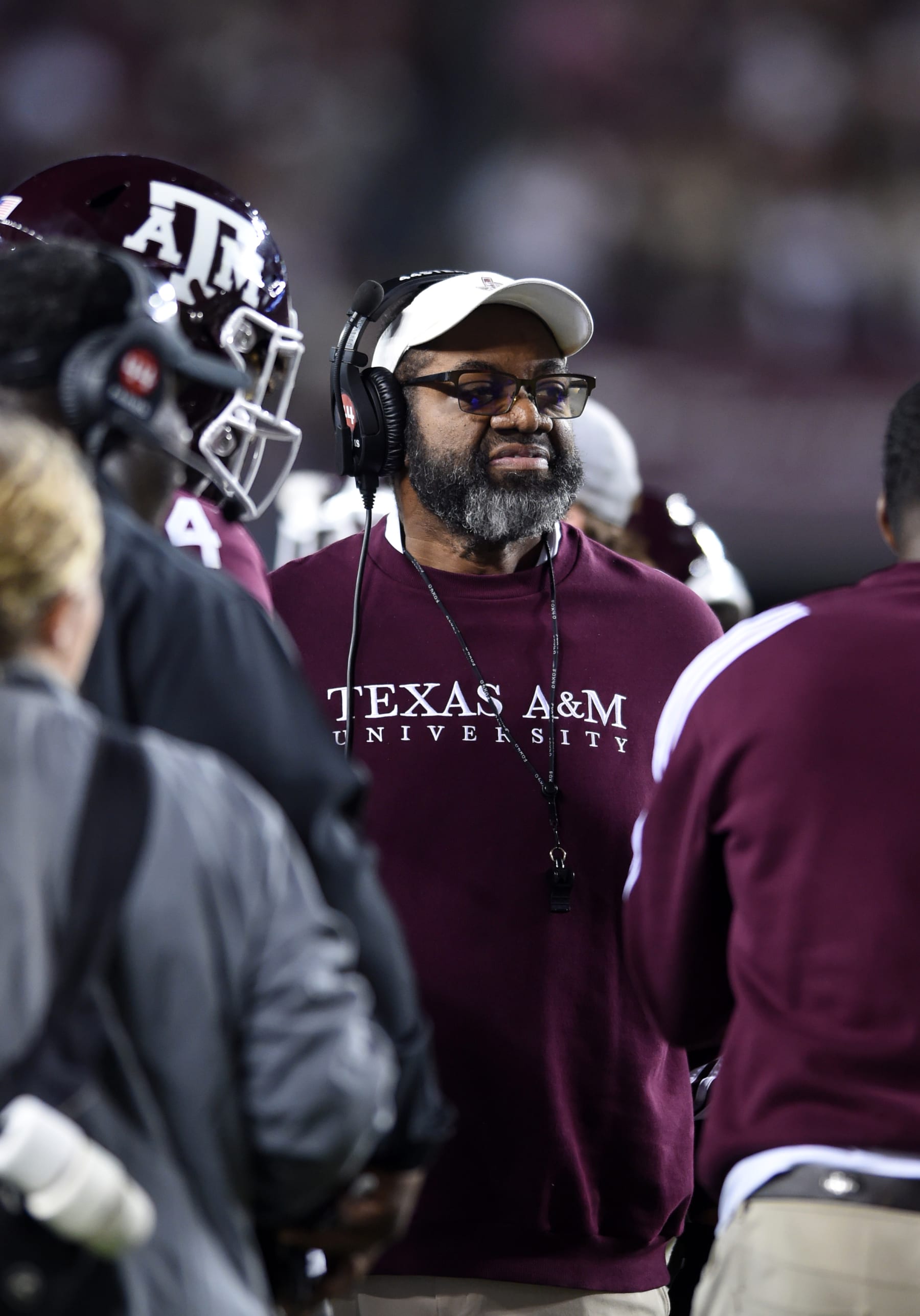 COLLEGE STATION, TX - OCTOBER 29: Texas A&M Aggies assistant coach Terry Price works a timeout session during the college football game featuring the Ole Miss Rebels and the Texas A&M Aggies on October 29, 2022 at Kyle Field in College Station, TX. (Photo by John Rivera/Icon Sportswire via Getty Images)