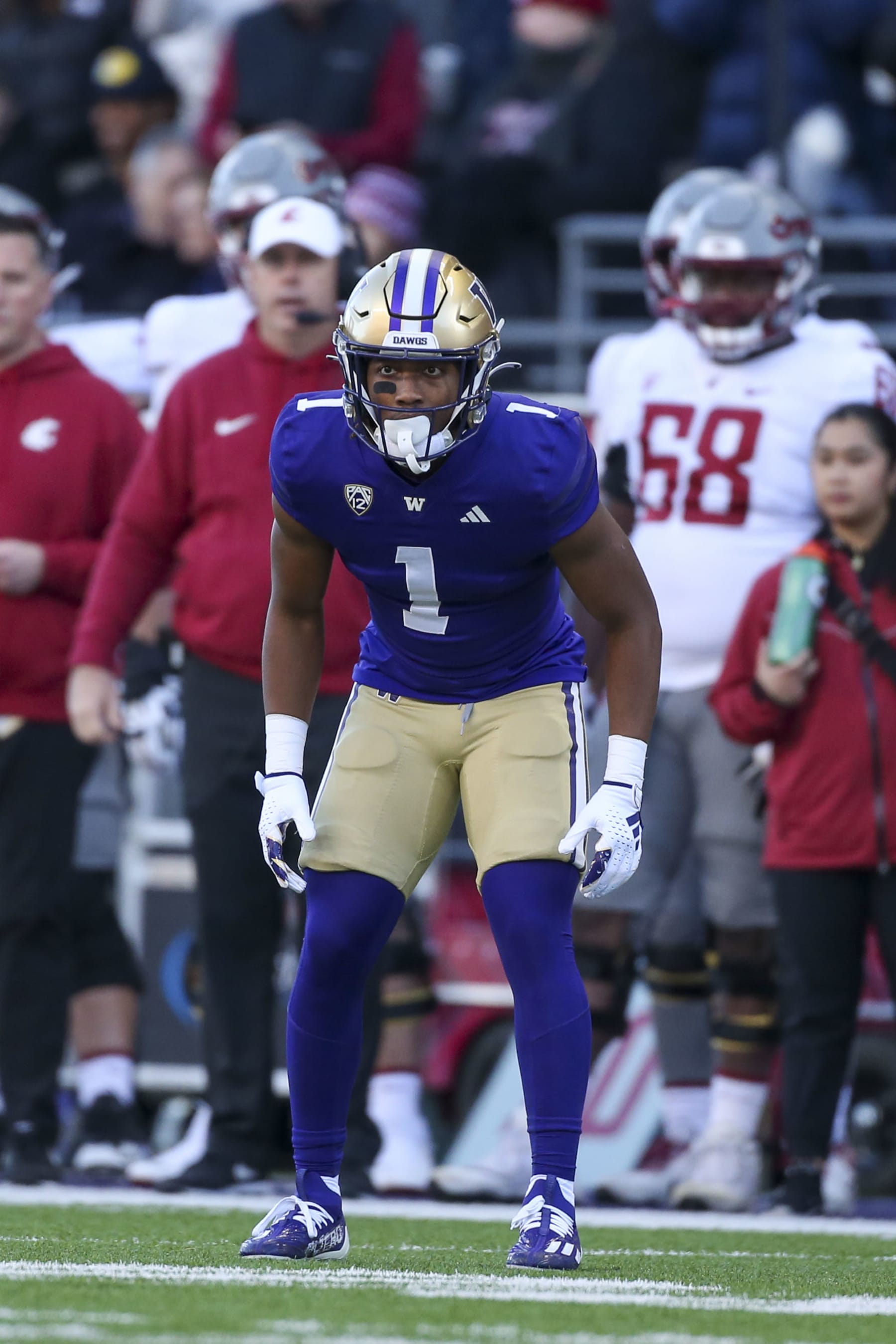 SEATTLE, WA - NOVEMBER 25:  Washington #1 (CB) Jabbar Muhammad during the 115th Apple Cup college football game between the Washington Huskies versus the Washington State Cougars on November 25, 2023, at Husky Stadium in Seattle, WA. (Photo by Jesse Beals/Icon Sportswire via Getty Images)