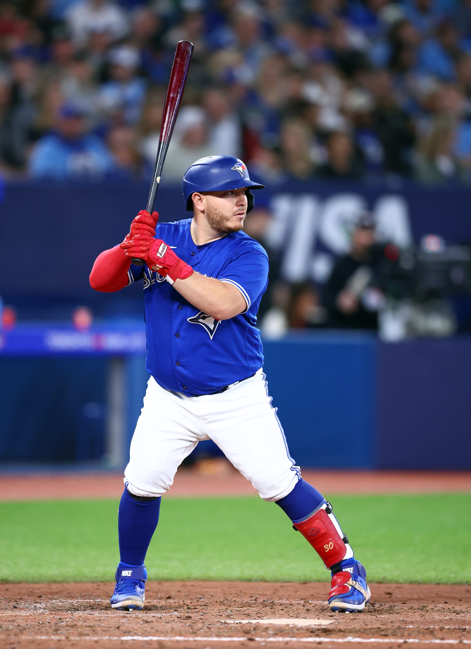 TORONTO, ON - APRIL 28:  Alejandro Kirk #30 of the Toronto Blue Jays bats in the sixth inning against the Seattle Mariners at Rogers Centre on April 28, 2023 in Toronto, Ontario, Canada.  (Photo by Vaughn Ridley/Getty Images)