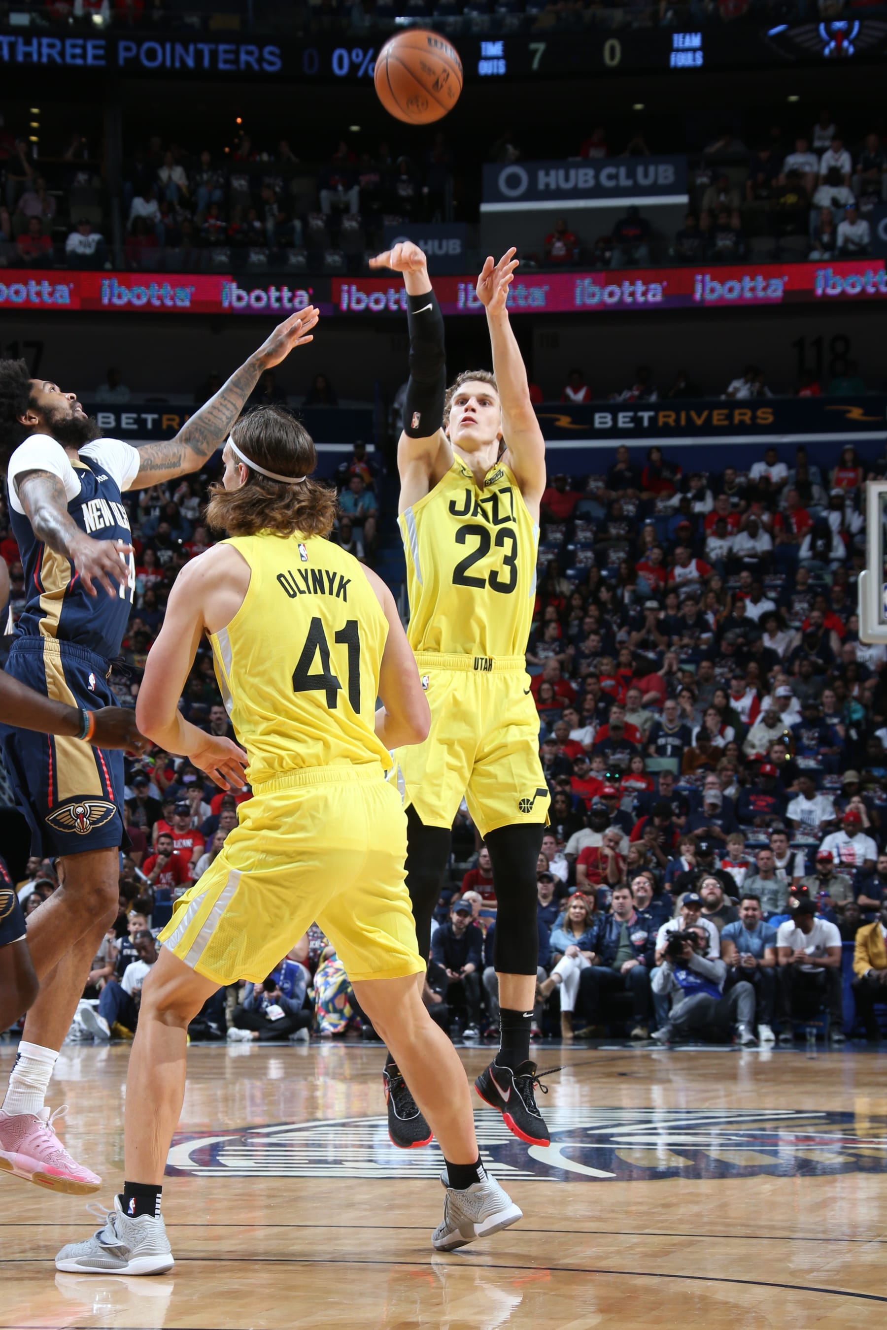 NEW ORLEANS, LA - OCTOBER 23: Lauri Markkanen #23 of the Utah Jazz shoots the ball during the game against the New Orleans Pelicans on October 23, 2022 at the Smoothie King Center in New Orleans, Louisiana. NOTE TO USER: User expressly acknowledges and agrees that, by downloading and or using this Photograph, user is consenting to the terms and conditions of the Getty Images License Agreement. Mandatory Copyright Notice: Copyright 2022 NBAE (Photo by Layne Murdoch Jr./NBAE via Getty Images)
