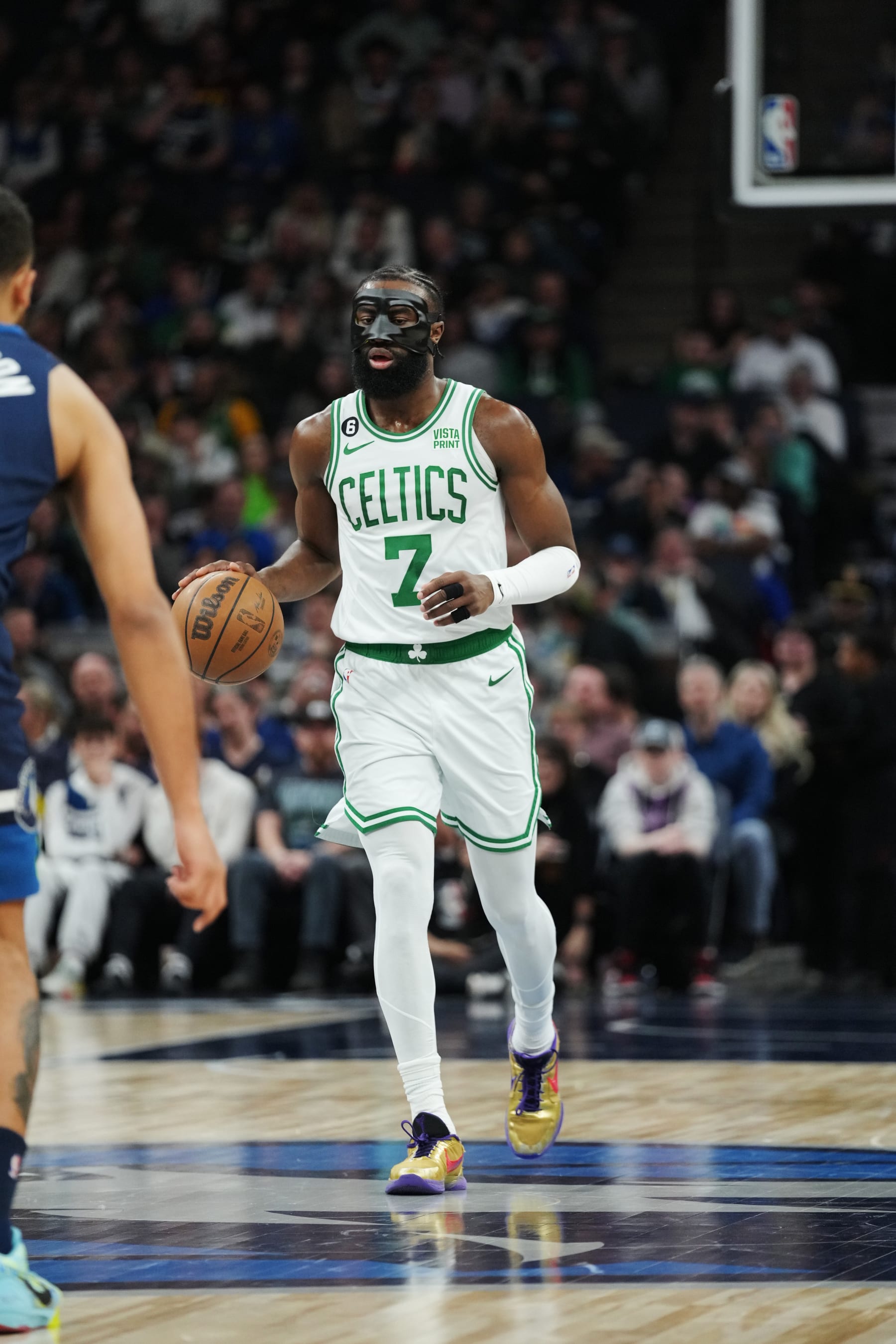 MINNEAPOLIS, MN -  MARCH 15: Jaylen Brown #7 of the Boston Celtics dribbles the ball during the game against the Minnesota Timberwolves on March 15, 2023 at Target Center in Minneapolis, Minnesota. NOTE TO USER: User expressly acknowledges and agrees that, by downloading and or using this Photograph, user is consenting to the terms and conditions of the Getty Images License Agreement. Mandatory Copyright Notice: Copyright 2023 NBAE (Photo by Jordan Johnson/NBAE via Getty Images)