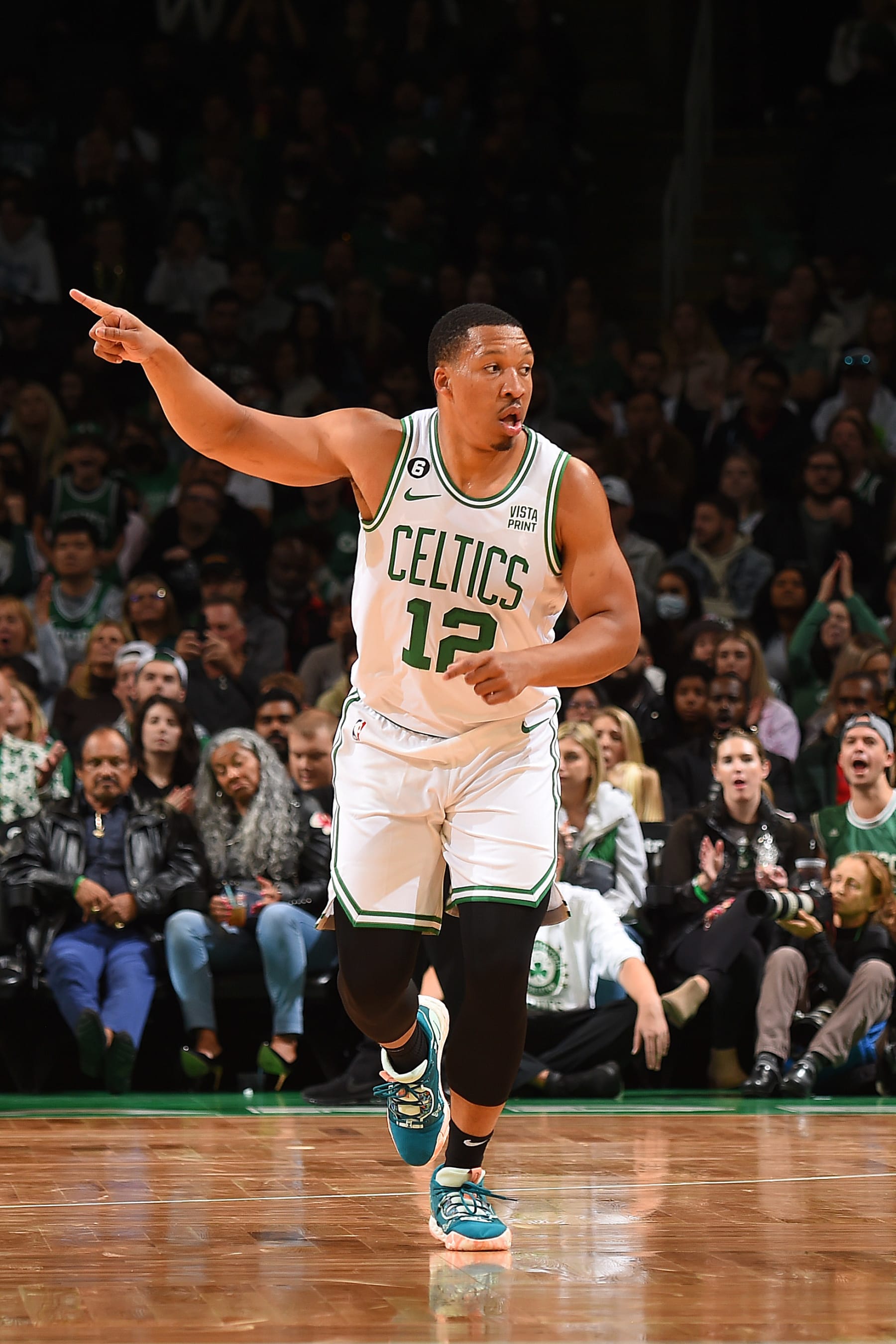 BOSTON, MA - OCTOBER 2: Grant Williams #12 of the Boston Celtics reacts to a play during the game against the Charlotte Hornets on October 2, 2022 at the TD Garden in Boston, Massachusetts.  NOTE TO USER: User expressly acknowledges and agrees that, by downloading and or using this photograph, User is consenting to the terms and conditions of the Getty Images License Agreement. Mandatory Copyright Notice: Copyright 2022 NBAE  (Photo by Brian Babineau/NBAE via Getty Images)