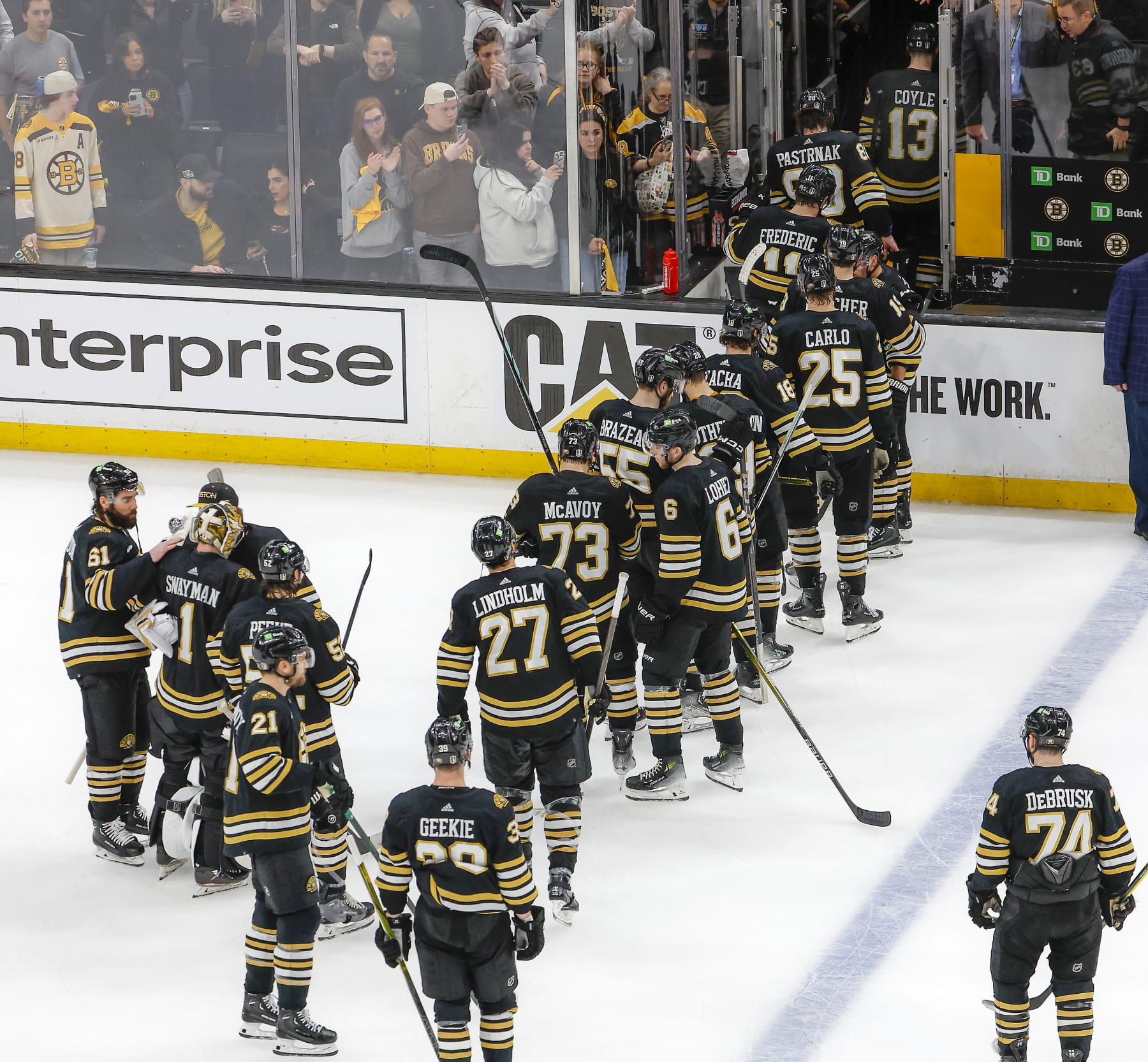 Boston, MA - May 17: Boston Bruins players skate off the ice after their season-ending 2-1 loss to the Florida Panthers. (Photo by Matthew J. Lee/The Boston Globe via Getty Images)