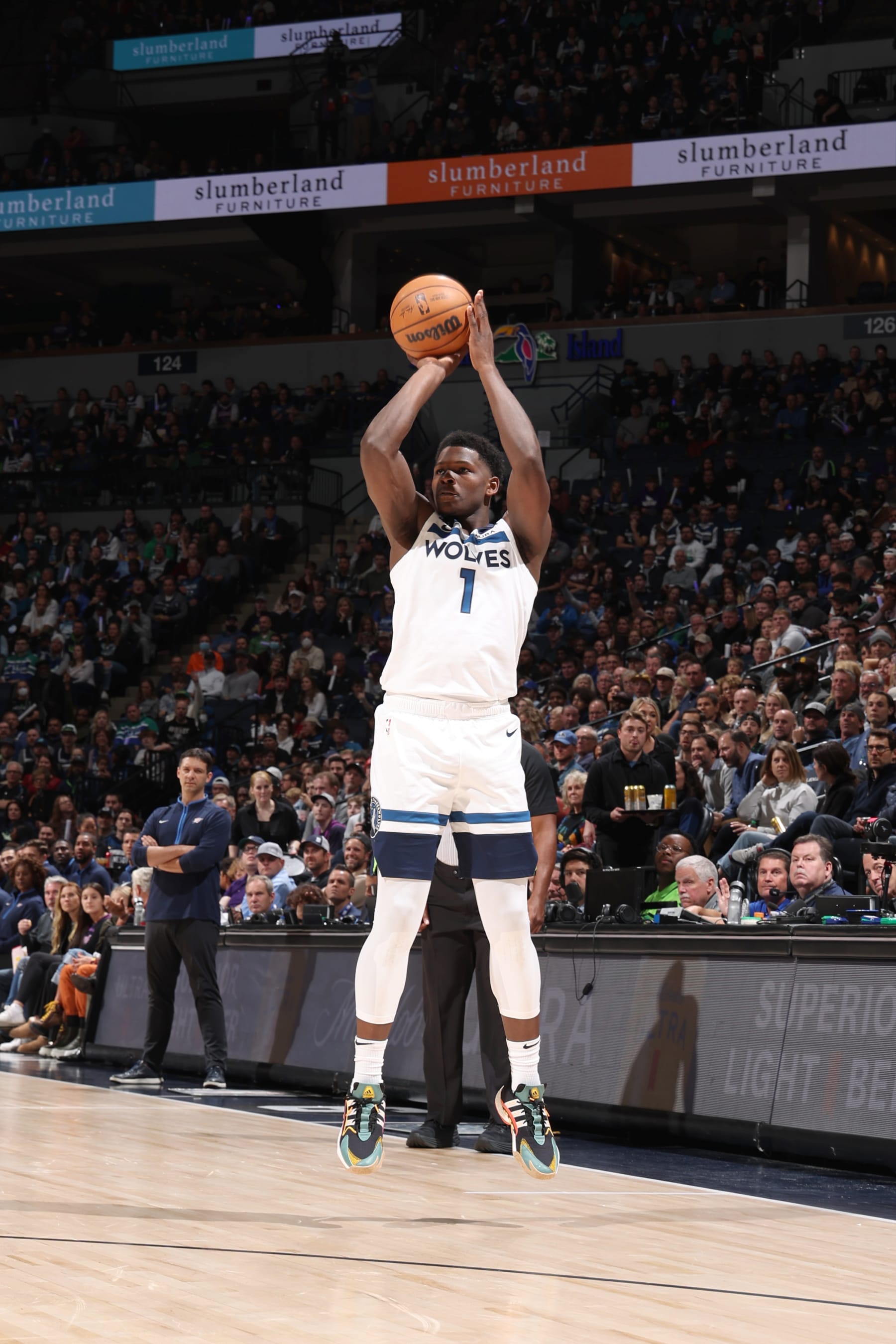 MINNEAPOLIS, MN -  OCTOBER 19: Anthony Edwards #1 of the Minnesota Timberwolves shoots a three point basket during the game against the Oklahoma City Thunder on October 19, 2022 at Target Center in Minneapolis, Minnesota. NOTE TO USER: User expressly acknowledges and agrees that, by downloading and or using this Photograph, user is consenting to the terms and conditions of the Getty Images License Agreement. Mandatory Copyright Notice: Copyright 2022 NBAE (Photo by David Sherman/NBAE via Getty Images)