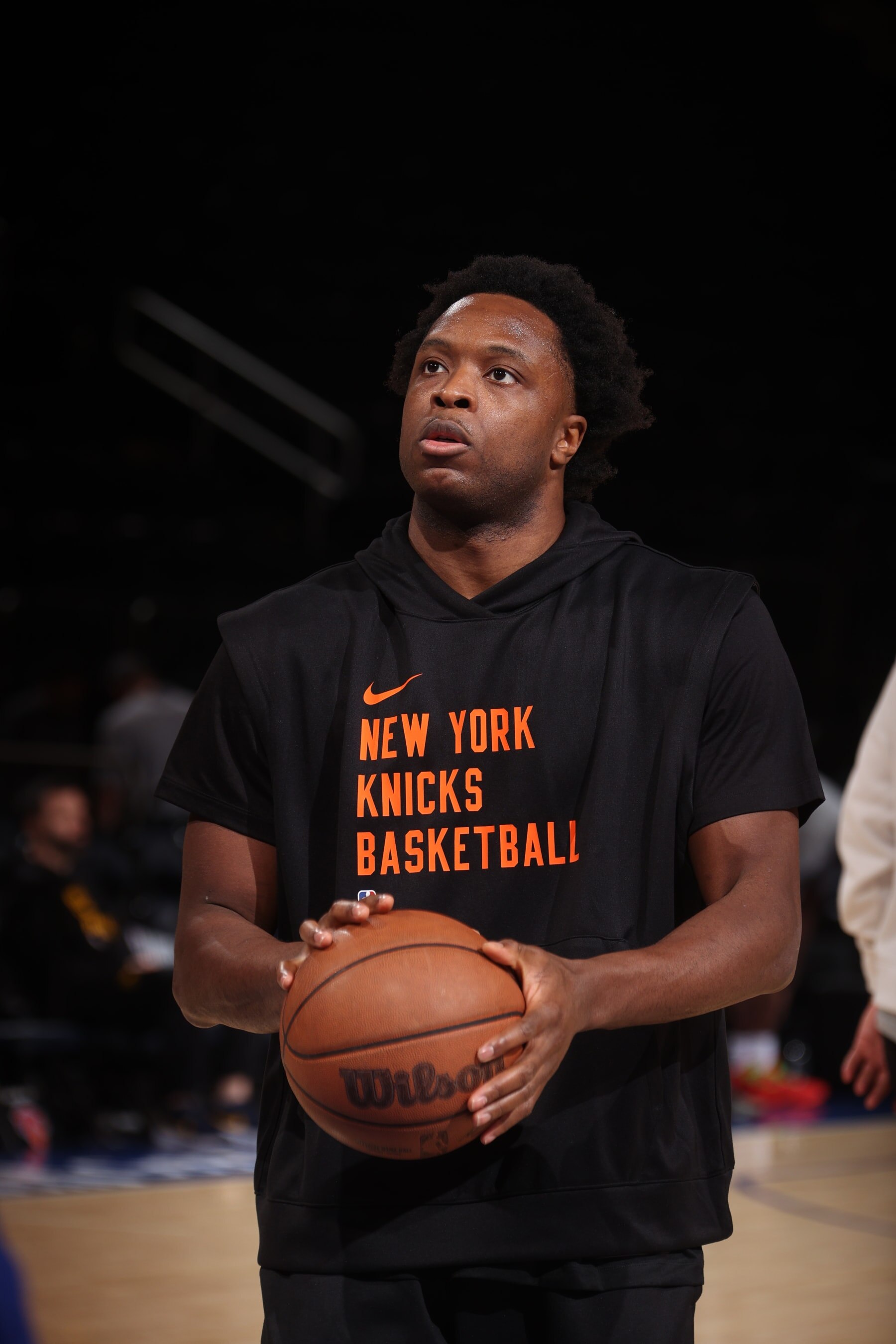 NEW YORK, NY - MAY 19: OG Anunoby #8 of the New York Knicks warms up before the game against the Indiana Pacers during Round 2 Game 7 of the 2024 NBA Playoffs on May 19, 2024 at Madison Square Garden in New York City, New York.  NOTE TO USER: User expressly acknowledges and agrees that, by downloading and or using this photograph, User is consenting to the terms and conditions of the Getty Images License Agreement. Mandatory Copyright Notice: Copyright 2024 NBAE  (Photo by Nathaniel S. Butler/NBAE via Getty Images)