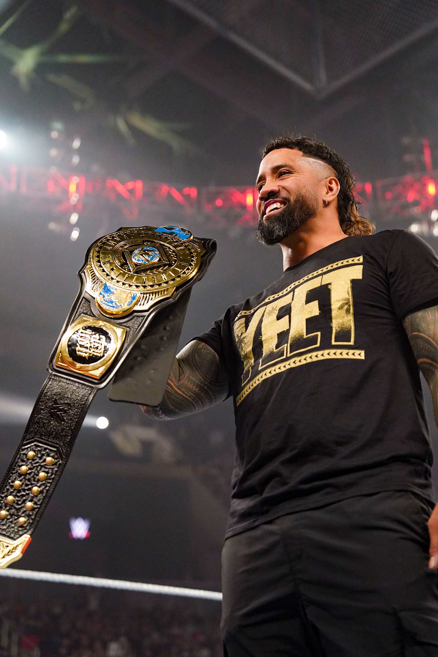 EVANSVILLE, INDIANA - SEPTEMBER 30: Jey Uso poses in ring with the Intercontinental Championship Belt during Monday night RAW at Ford Center on September 30, 2024 in Evansville, Indiana.  (Photo by WWE/Getty Images)