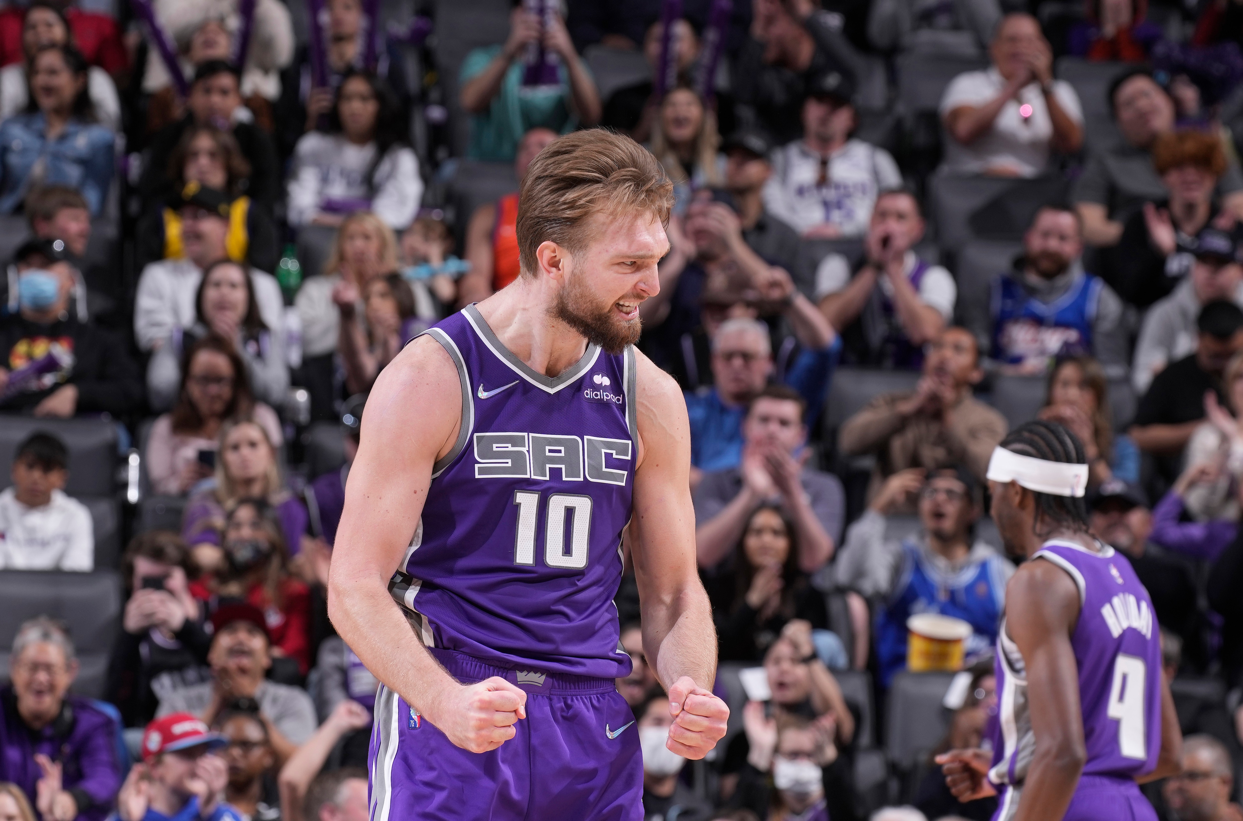 SACRAMENTO, CA - MARCH 20: Domantas Sabonis #10 of the Sacramento Kings reacts during the game against the Phoenix Suns on March 20, 2022 at Golden 1 Center in Sacramento, California. NOTE TO USER: User expressly acknowledges and agrees that, by downloading and or using this photograph, User is consenting to the terms and conditions of the Getty Images Agreement. Mandatory Copyright Notice: Copyright 2022 NBAE (Photo by Rocky Widner/NBAE via Getty Images)