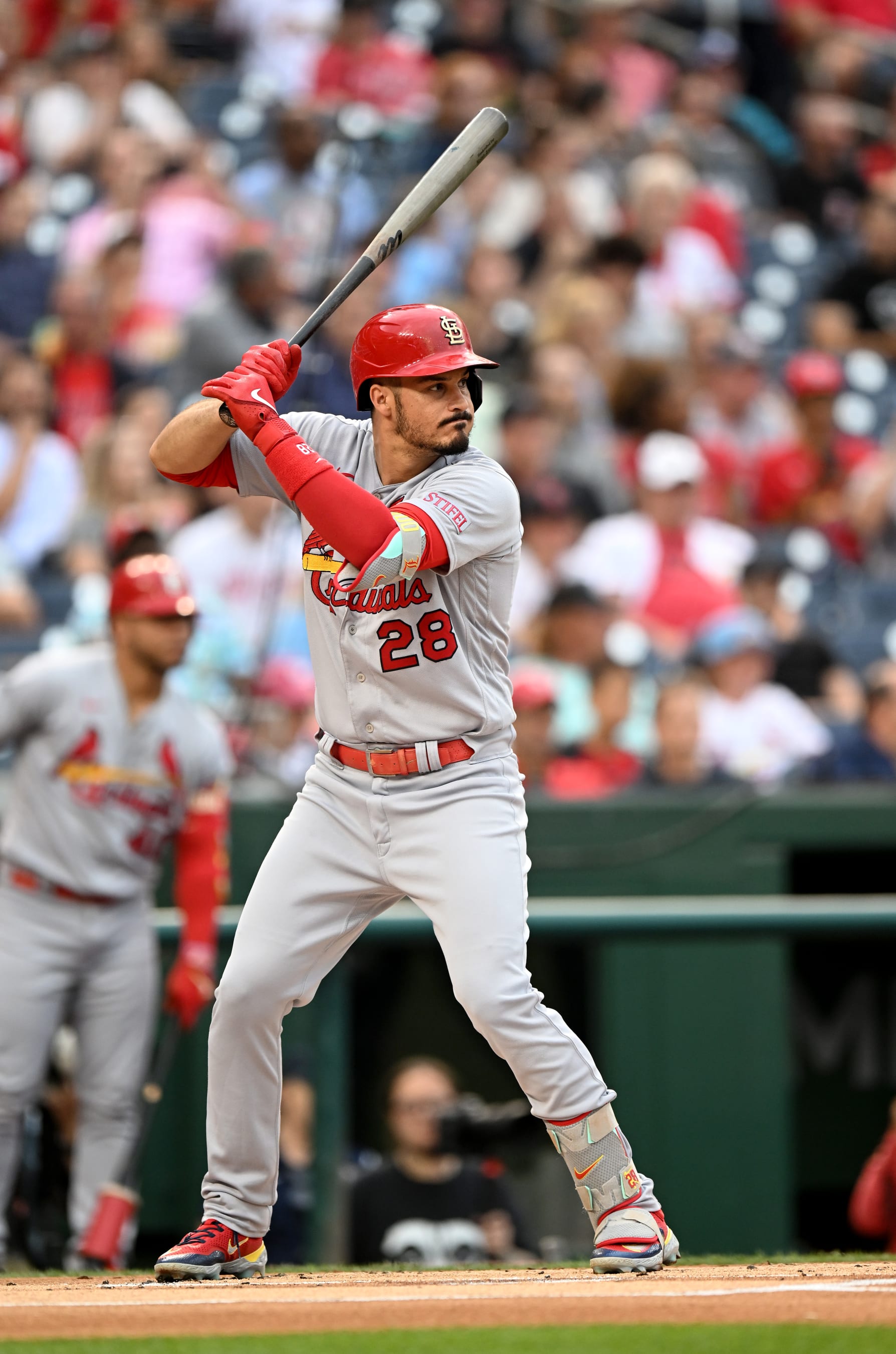 WASHINGTON, DC - JUNE 20: Nolan Arenado #28 of the St. Louis Cardinals bats against the Washington Nationals at Nationals Park on June 20, 2023 in Washington, DC. (Photo by G Fiume/Getty Images)