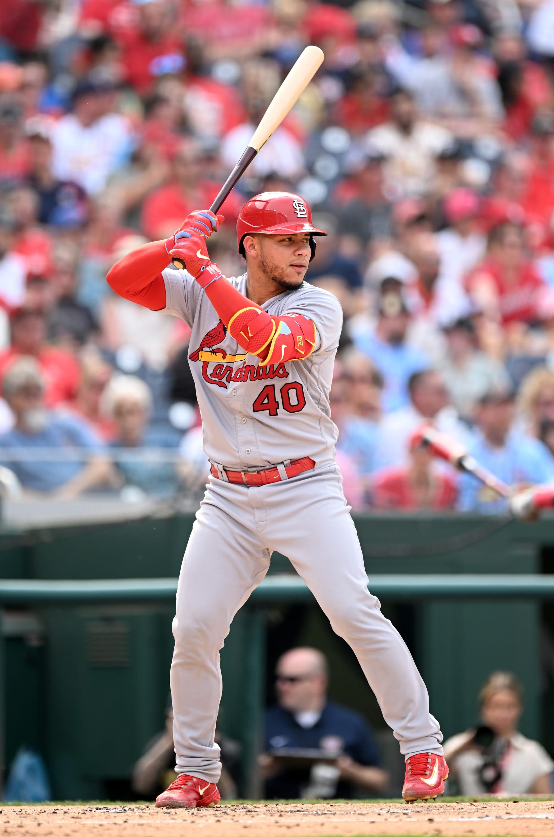 WASHINGTON, DC - JUNE 19: Willson Contreras #40 of the St. Louis Cardinals bats against the Washington Nationals at Nationals Park on June 19, 2023 in Washington, DC. (Photo by G Fiume/Getty Images)