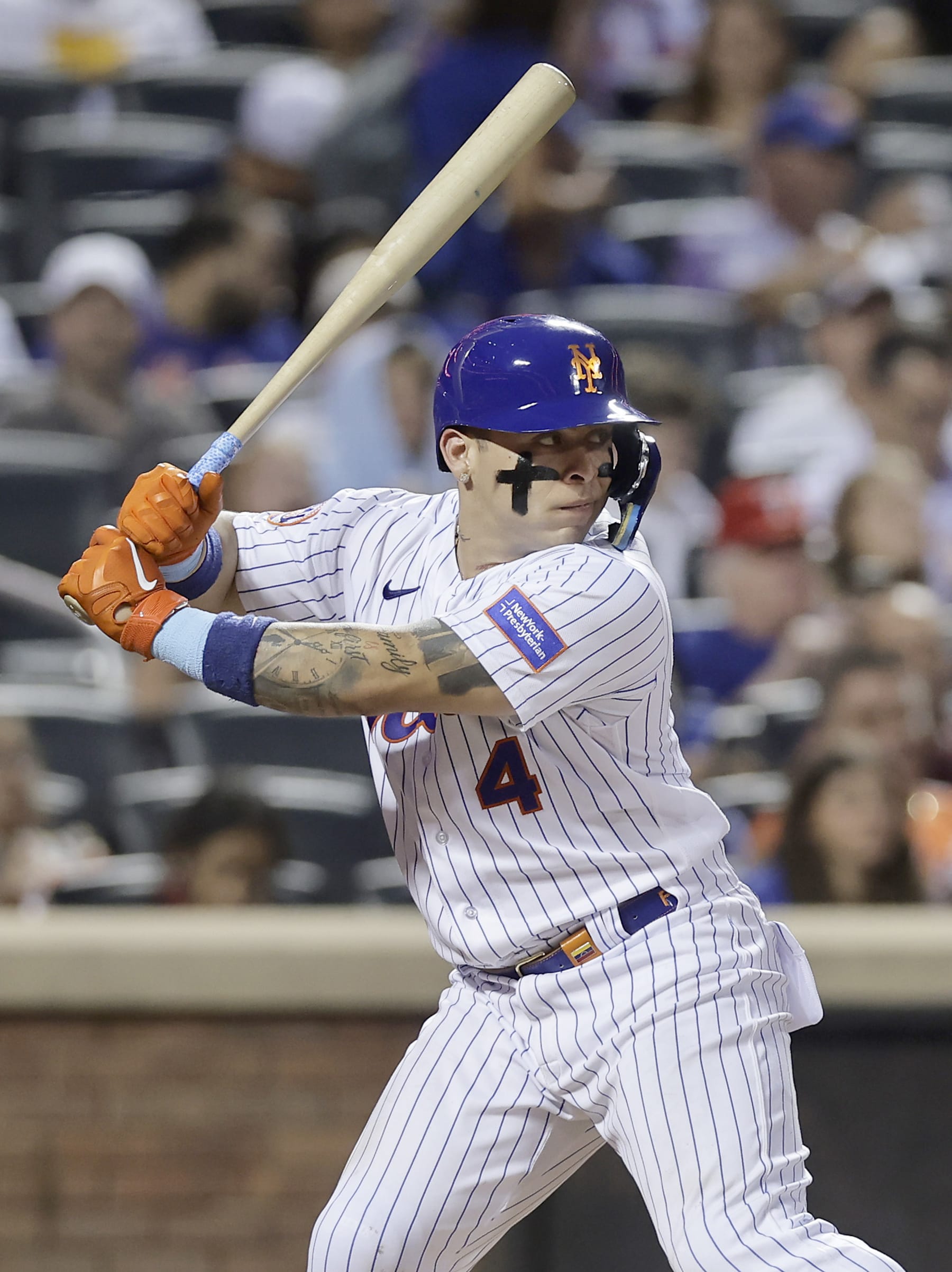 NEW YORK, NEW YORK - AUGUST 29:  Francisco Alvarez #4 of the New York Mets in action against the Texas Rangers at Citi Field on August 29, 2023 in New York City. The Rangers defeated the Mets 3-1. (Photo by Jim McIsaac/Getty Images)