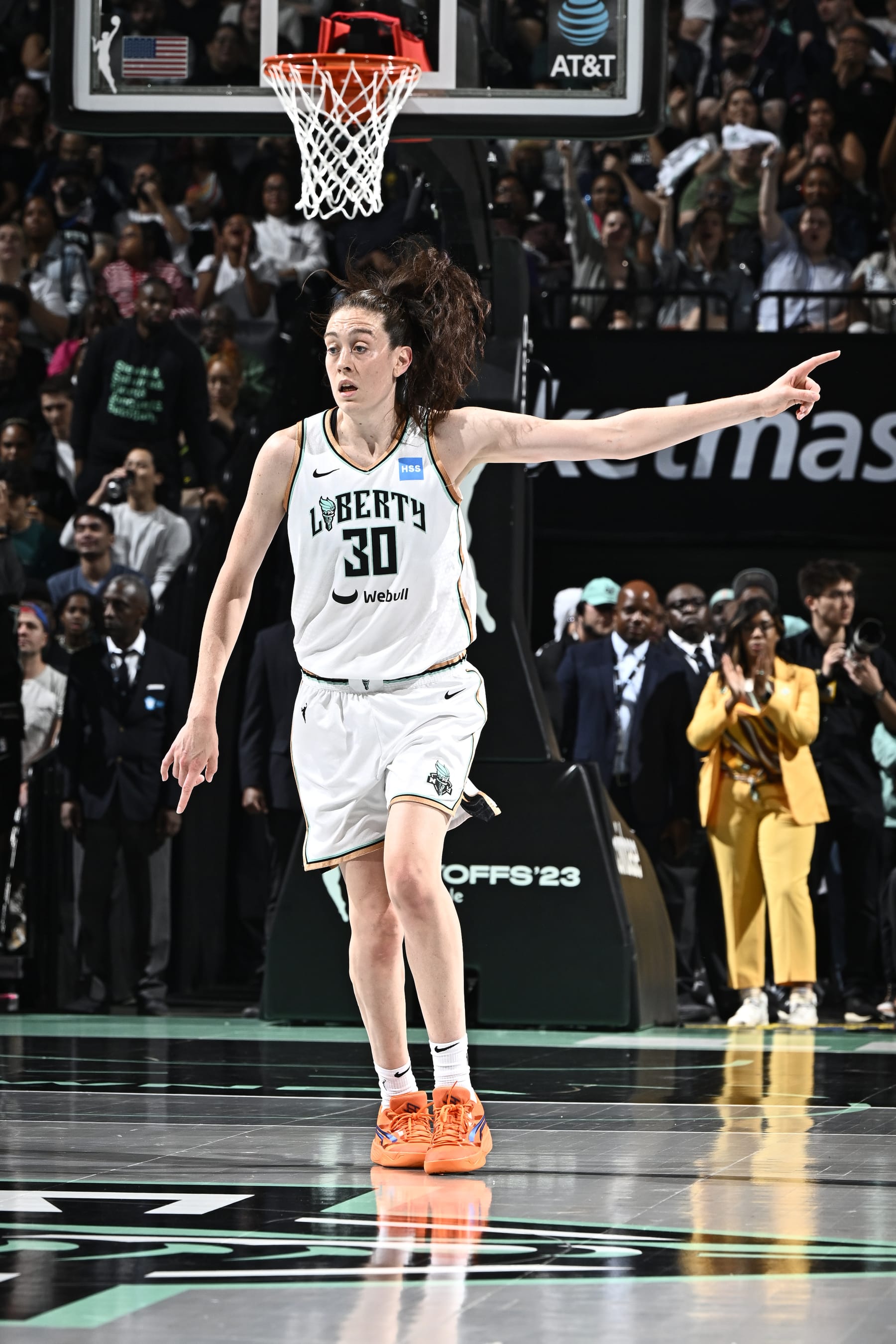 BROOKLYN, NY - SEPTEMBER 19: Breanna Stewart #30 of the New York Liberty celebrates against the Washington Mystics during the 2023 WNBA Playoffs on September 19, 2023 in Brooklyn, New York. NOTE TO USER: User expressly acknowledges and agrees that, by downloading and or using this photograph, user is consenting to the terms and conditions of the Getty Images License Agreement. Mandatory Copyright Notice: Copyright 2023 NBAE (Photo by David Dow/NBAE via Getty Images)