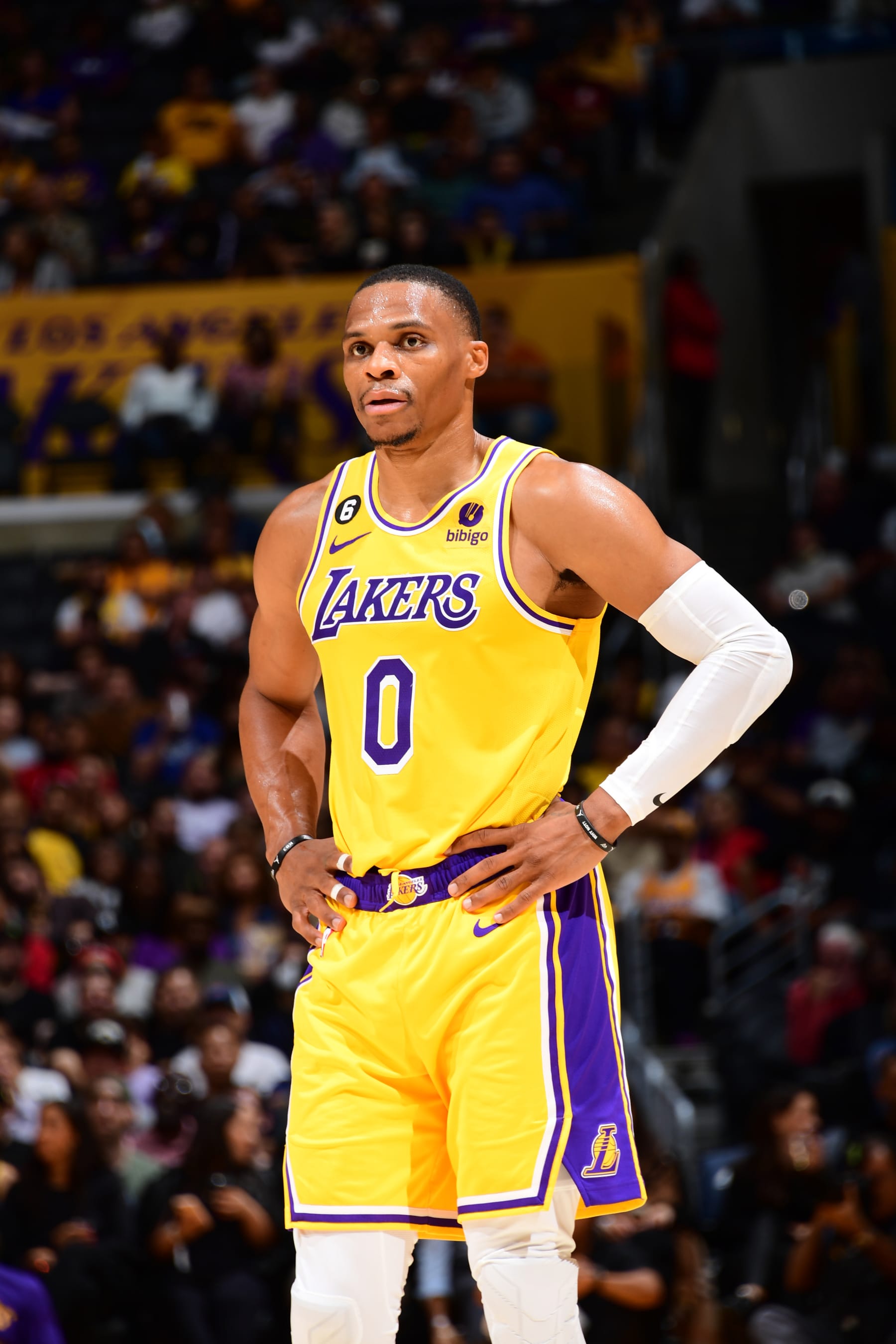 LOS ANGELES, CA - OCTOBER 3: Russell Westbrook #0 of the Los Angeles Lakers looks on during a preseason game against the Sacramento Kings on October 3, 2022 at Crypto.com Arena in Los Angeles, California. NOTE TO USER: User expressly acknowledges and agrees that, by downloading and/or using this Photograph, user is consenting to the terms and conditions of the Getty Images License Agreement. Mandatory Copyright Notice: Copyright 2022 NBAE (Photo by Adam Pantozzi/NBAE via Getty Images)