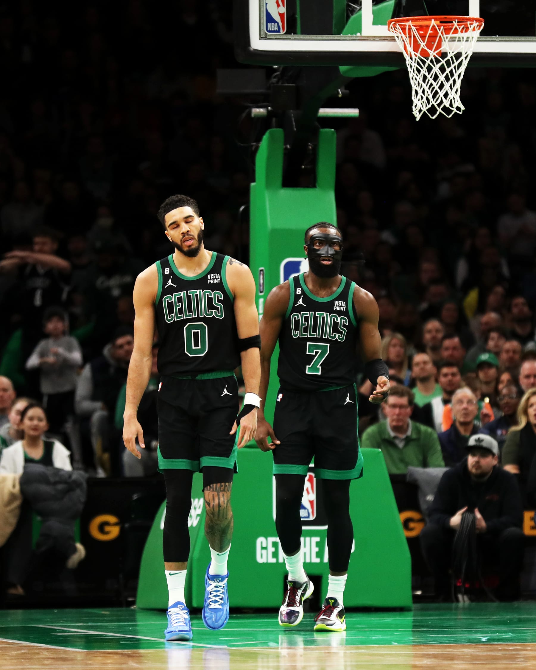 BOSTON, MASSACHUSETTS - MARCH 03: Jayson Tatum #0 of the Boston Celtics reacts as Jaylen Brown #7 of the Boston Celtics looks on during the fourth quarter of the game against the Brooklyn Nets at TD Garden on March 03, 2023 in Boston, Massachusetts. NOTE TO USER: User expressly acknowledges and agrees that, by downloading and or using this photograph, User is consenting to the terms and conditions of the Getty Images License Agreement. (Photo by Omar Rawlings/Getty Images)