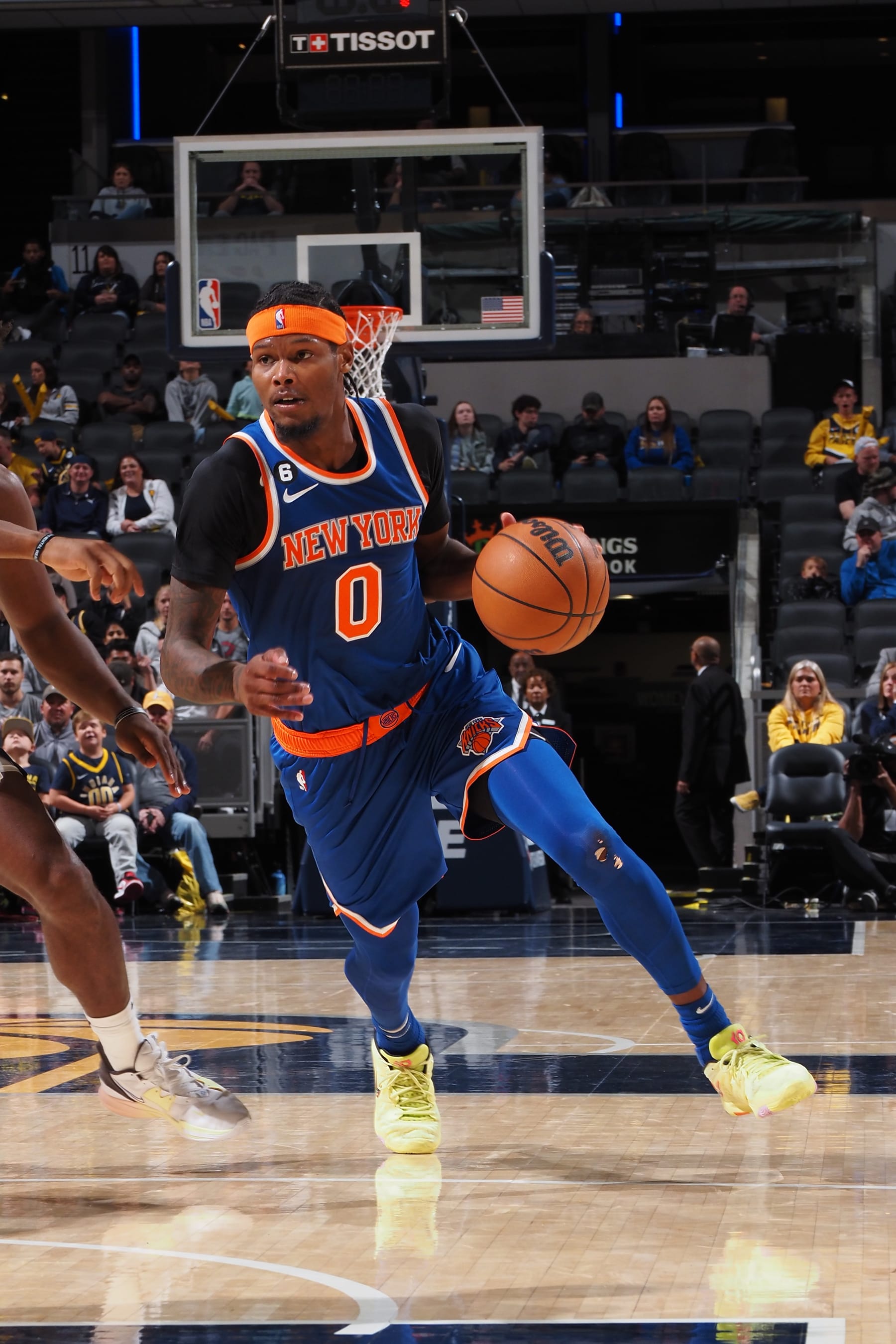 INDIANAPOLIS, IN  - OCTOBER 12: Cam Reddish #0 of the New York Knicks drives to the basket during the game against the Indiana Pacers on May 12, 2022 at Gainsbridge Fieldhouse in Indianapolis, Indiana. NOTE TO USER: User expressly acknowledges and agrees that, by downloading and or using this Photograph, user is consenting to the terms and conditions of the Getty Images License Agreement. Mandatory Copyright Notice: Copyright 2022 NBAE (Photo by Ron Hoskins/NBAE via Getty Images)