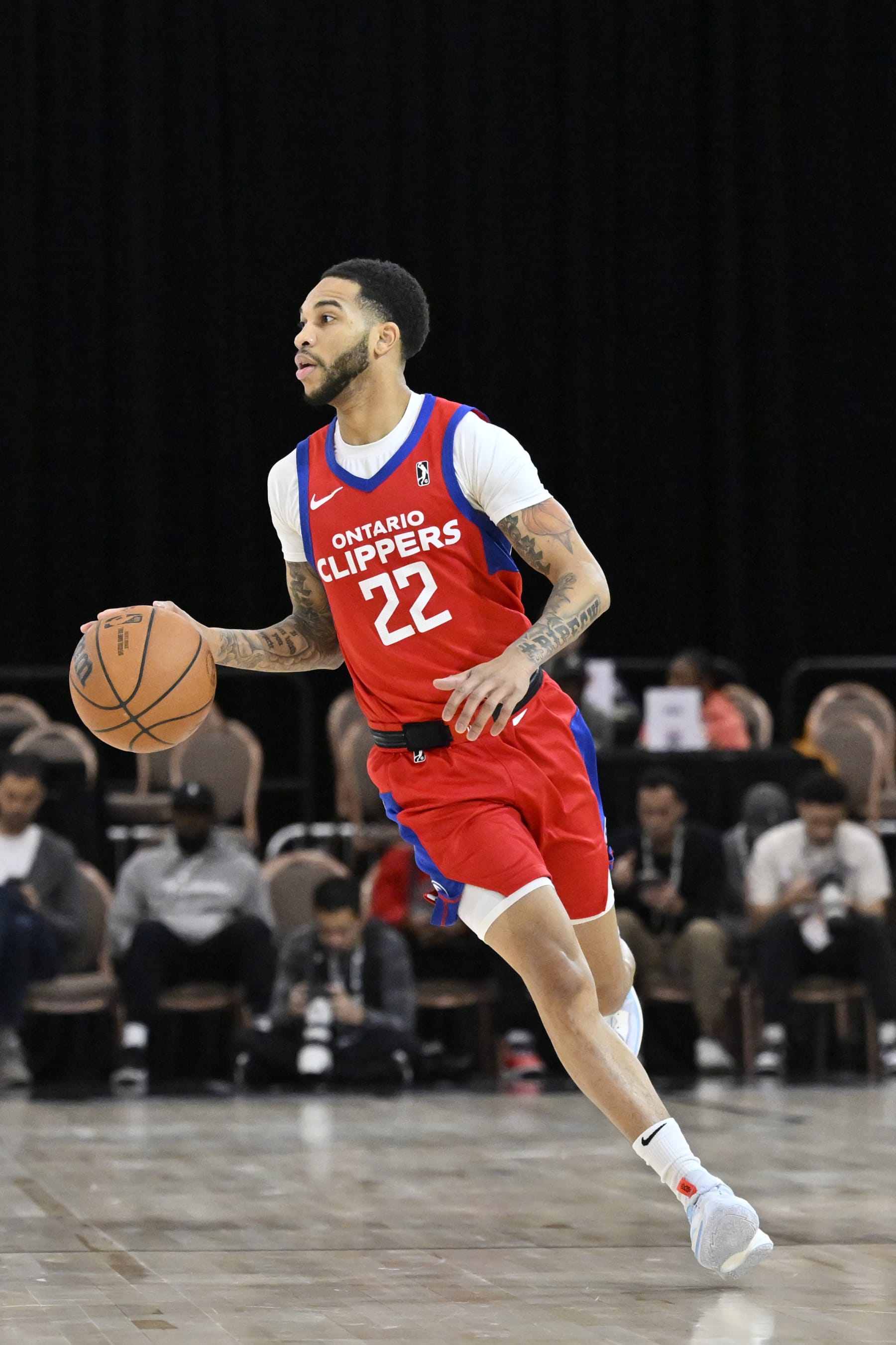 LAS VEGAS, NV - DECEMBER 22: Xavier Moon #22 of the Ontario Clippers dribbles the ball during the game against the Windy City Bulls in the 2022-23 G League Winter Showcase Championship on December 22, 2022 in Las Vegas, Nevada. NOTE TO USER: User expressly acknowledges and agrees that, by downloading and or using this photograph, User is consenting to the terms and conditions of the Getty Images License Agreement. Mandatory Copyright Notice: Copyright 2022 NBAE (Photo by David Becker/NBAE via Getty Images)