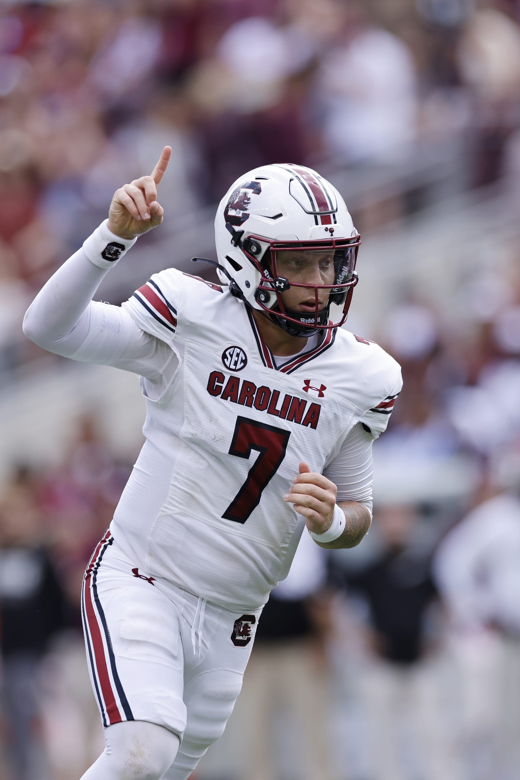COLLEGE STATION, TX - OCTOBER 28: South Carolina Gamecocks quarterback Spencer Rattler (7) reacts after passing for a two-yard touchdown during a college football game against the Texas A&M Aggies on October 28, 2023 at Kyle Field in College Station, Texas. (Photo by Joe Robbins/Icon Sportswire via Getty Images)