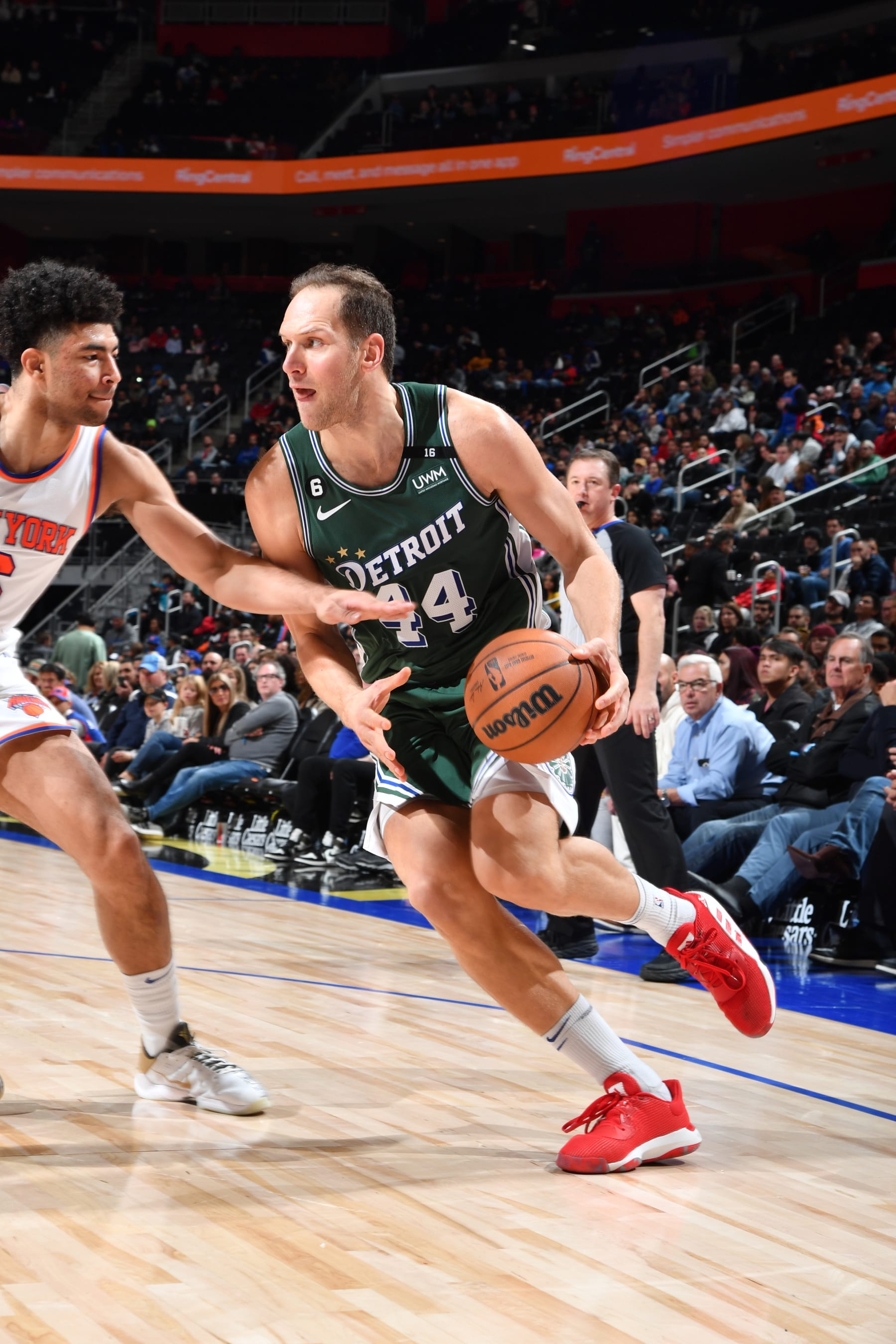 DETROIT, MI - NOVEMBER 29: Bojan Bogdanovic #44 of the Detroit Pistons drives to the basket during the game against the New York Knicks on November 29, 2022 at Little Caesars Arena in Detroit, Michigan. NOTE TO USER: User expressly acknowledges and agrees that, by downloading and/or using this photograph, User is consenting to the terms and conditions of the Getty Images License Agreement. Mandatory Copyright Notice: Copyright 2022 NBAE (Photo by Chris Schwegler/NBAE via Getty Images)