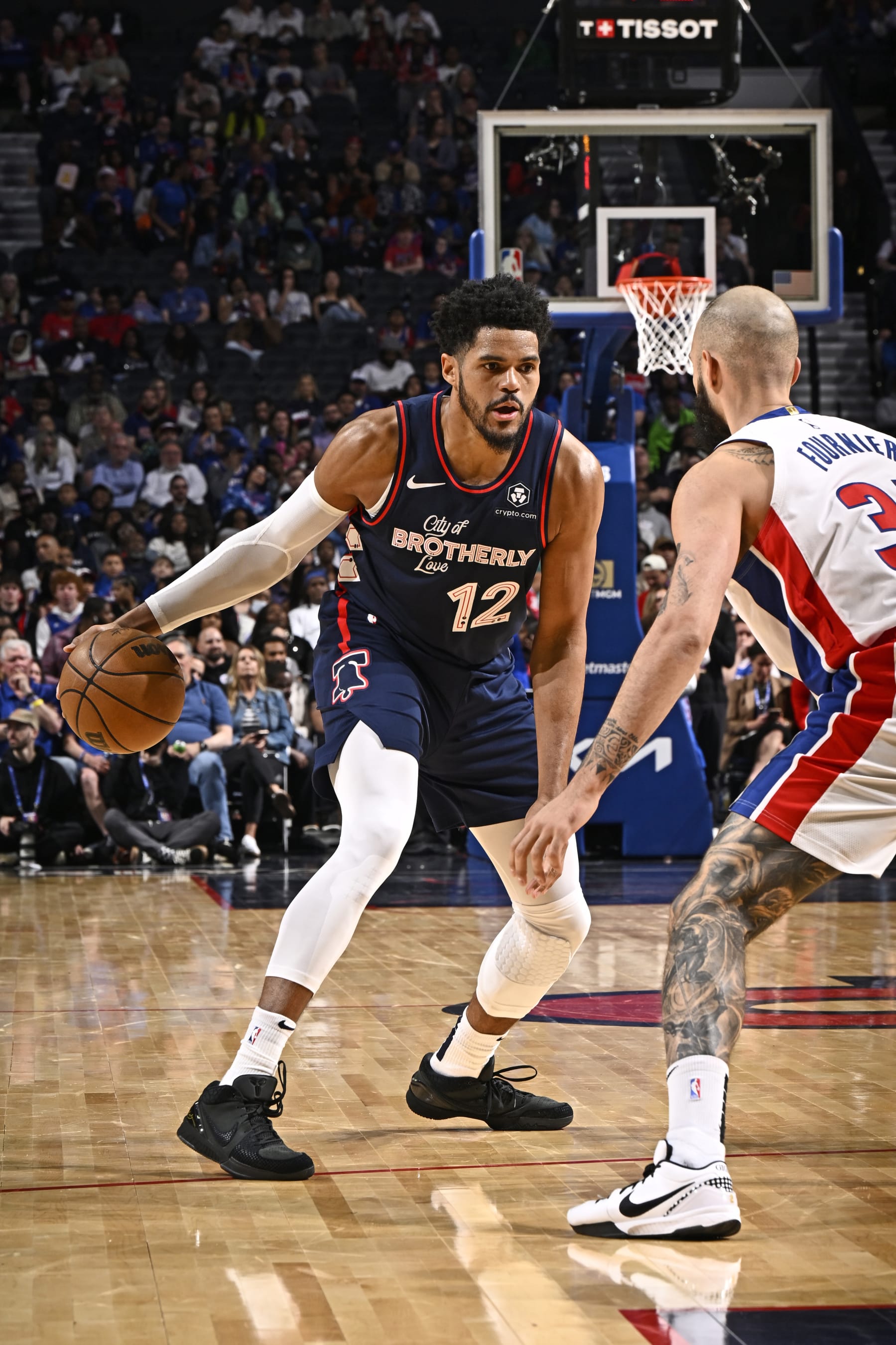 PHILADELPHIA, PA - APRIL 9: Tobias Harris #12 of the Philadelphia 76ers dribbles the ball during the game against the Detroit Pistons on April 9, 2024 at the Wells Fargo Center in Philadelphia, Pennsylvania NOTE TO USER: User expressly acknowledges and agrees that, by downloading and/or using this Photograph, user is consenting to the terms and conditions of the Getty Images License Agreement. Mandatory Copyright Notice: Copyright 2024 NBAE (Photo by David Dow/NBAE via Getty Images)
