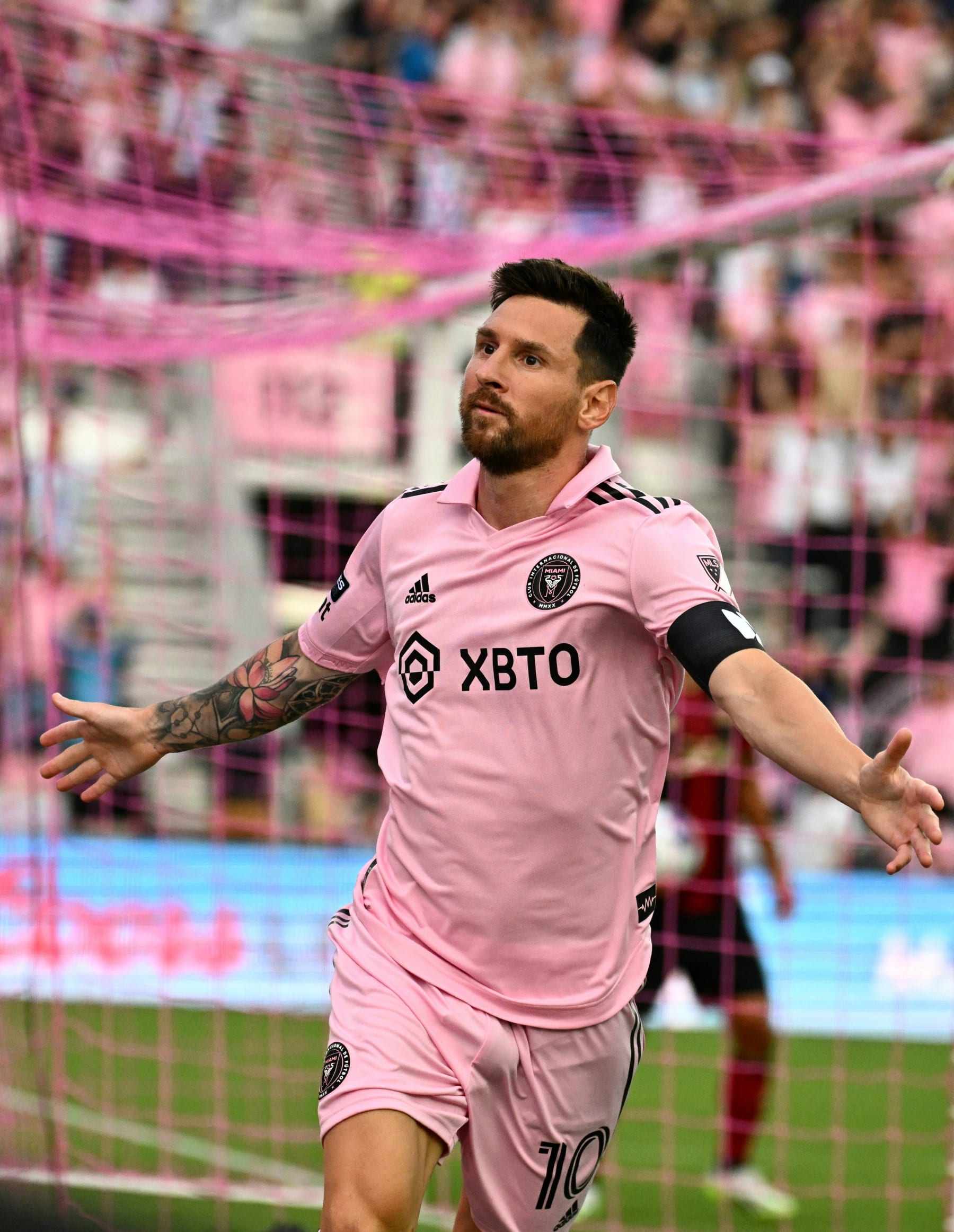 Inter Miami's Argentine forward Lionel Messi celebrates after scoring the team's first goal during the Leagues Cup football match between Inter Miami CF and Atlanta United FC at DRV PNK Stadium in Fort Lauderdale, Florida, on July 25, 2023. (Photo by CHANDAN KHANNA / AFP) (Photo by CHANDAN KHANNA/AFP via Getty Images)