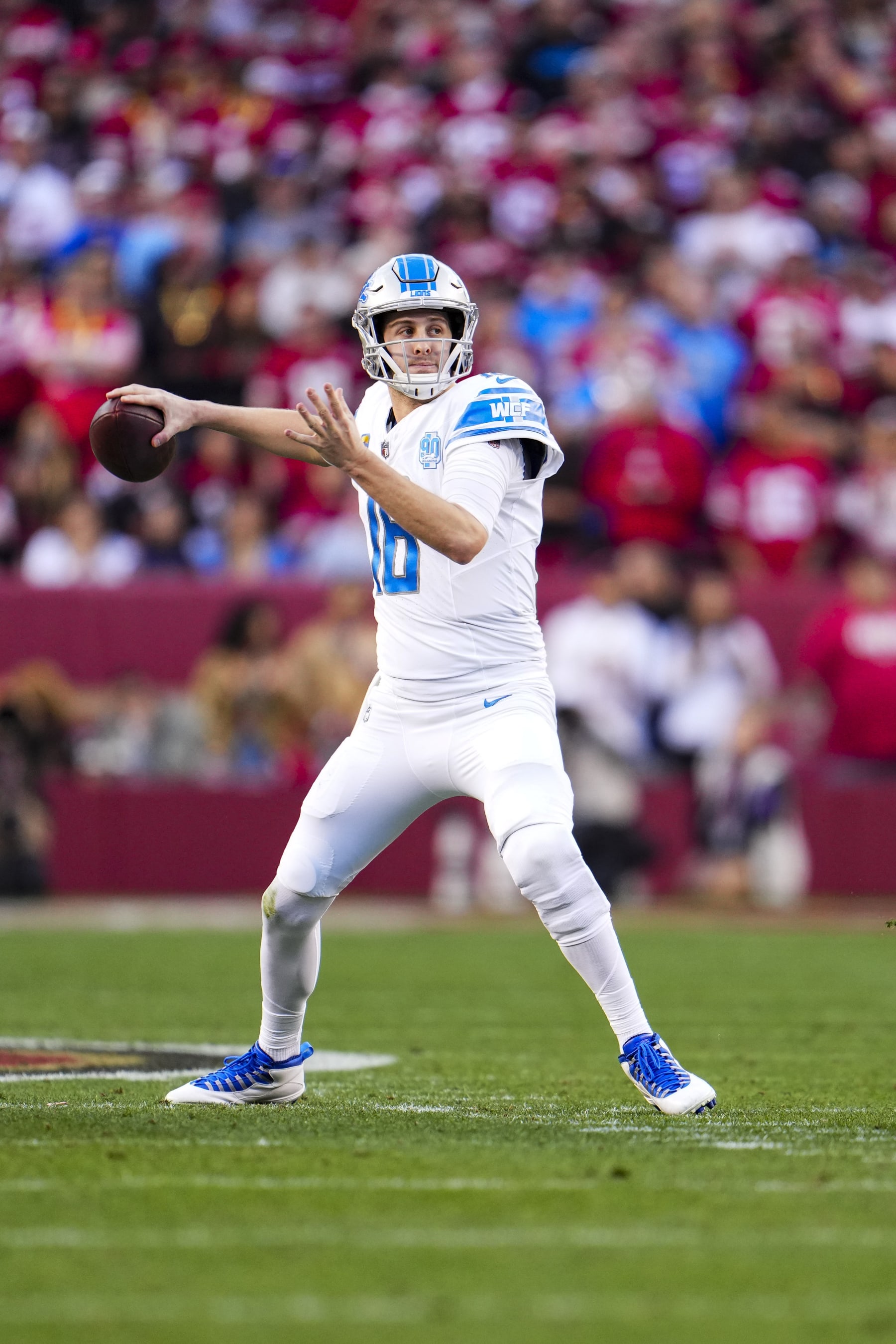 SANTA CLARA, CA - JANUARY 28: Jared Goff #16 of the Detroit Lions throws the ball during the NFC Championship NFL football game against the San Francisco 49ers at Levi's Stadium on January 28, 2024 in Santa Clara, California. (Photo by Cooper Neill/Getty Images)