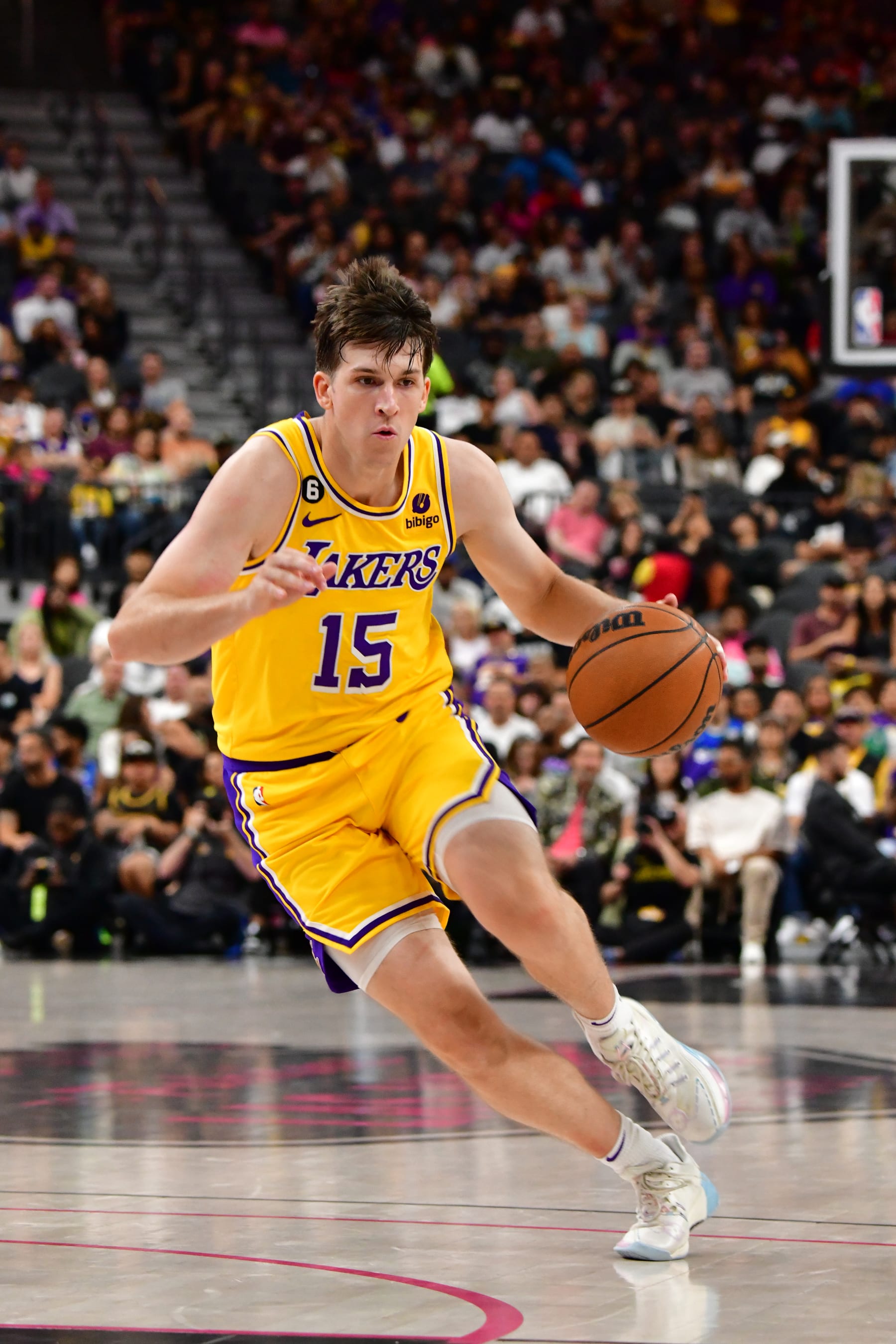 LAS VEGAS, NV - OCTOBER 6: Austin Reaves #15 of the Los Angeles Lakers drives to the basket during the game against the Minnesota Timberwolves on October 6, 2022 at Michelob ULTRA Arena in Las Vegas, Nevada. NOTE TO USER: User expressly acknowledges and agrees that, by downloading and or using this photograph, User is consenting to the terms and conditions of the Getty Images License Agreement. Mandatory Copyright Notice: Copyright 2022 NBAE (Photo by Barry Gossage/NBAE via Getty Images)
