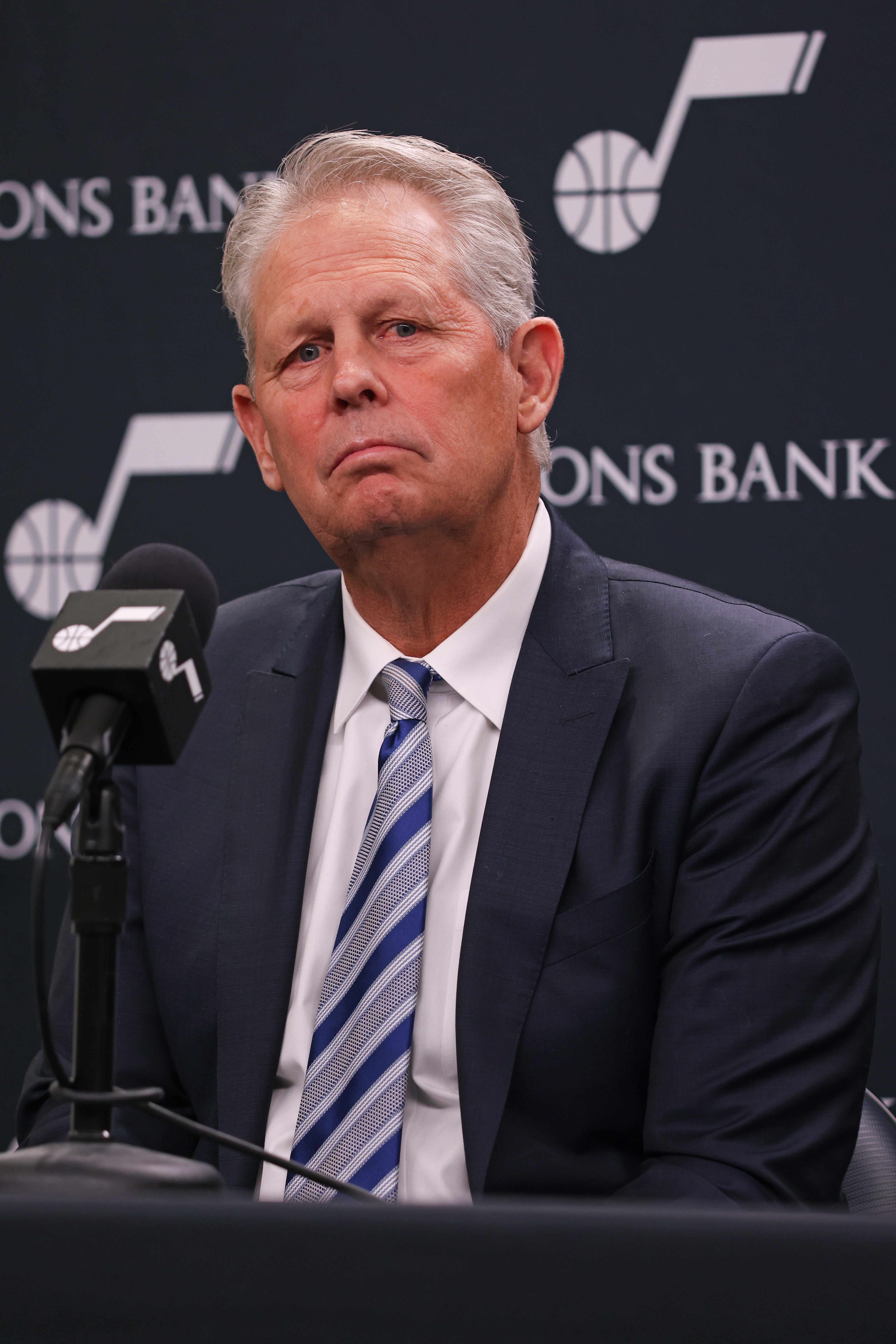 SALT LAKE CITY, UT - DECEMBER 15: Danny Ainge of the Utah Jazz speaks to the media during a press conference on December 15, 2021 at vivint.SmartHome Arena in Salt Lake City, Utah. NOTE TO USER: User expressly acknowledges and agrees that, by downloading and or using this Photograph, User is consenting to the terms and conditions of the Getty Images License Agreement. Mandatory Copyright Notice: Copyright 2021 NBAE (Photo by Melissa Majchrzak/NBAE via Getty Images)