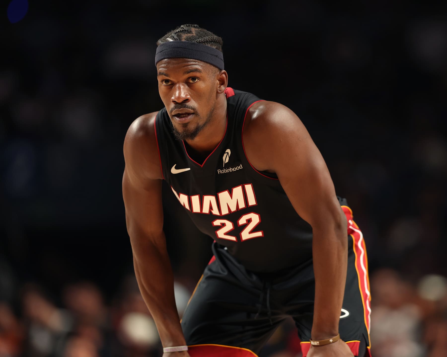 MEXICO CITY, MX - NOVEMBER 2: Jimmy Butler #22 of the Miami Heat looks on during the game against the Washington Wizards as part of 2024 NBA Mexico Games on November 2, 2024 in Mexico City, Mexico at Arena Ciudad de Mexico. NOTE TO USER: User expressly acknowledges and agrees that, by downloading and or using this photograph, User is consenting to the terms and conditions of the Getty Images License Agreement. Mandatory Copyright Notice: Copyright 2024 NBAE (Photo by Stephen Gosling/NBAE via Getty Images)