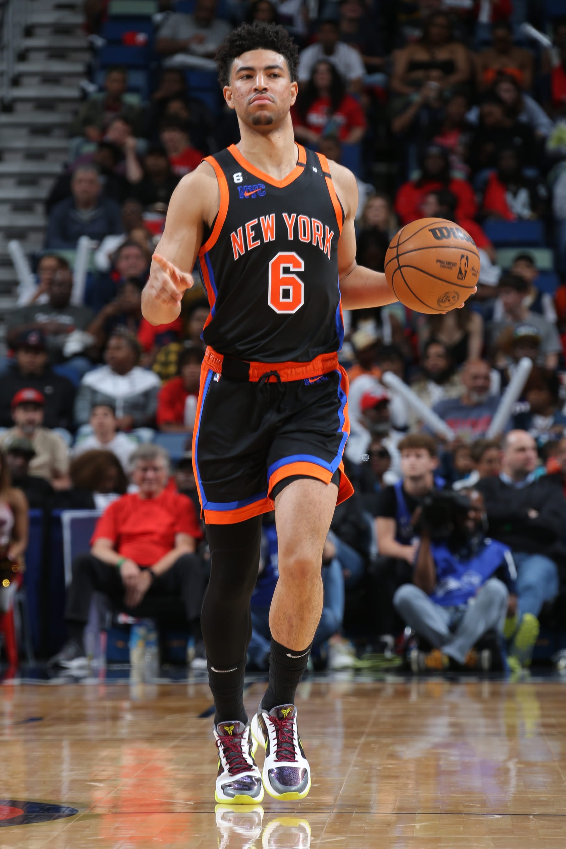 NEW ORLEANS, LA - APRIL 7: Quentin Grimes #6 of the New York Knicks moves the ball during the game against the New Orleans Pelicans on April 7, 2023 at the Smoothie King Center in New Orleans, Louisiana. NOTE TO USER: User expressly acknowledges and agrees that, by downloading and or using this Photograph, user is consenting to the terms and conditions of the Getty Images License Agreement. Mandatory Copyright Notice: Copyright 2023 NBAE (Photo by Layne Murdoch Jr./NBAE via Getty Images)