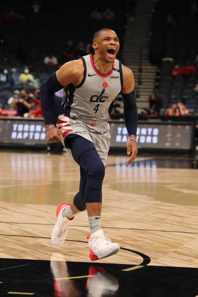 TAMPA, FL- MAY 6: Russell Westbrook #4 of the Washington Wizards smiles before the game against the Toronto Raptors on May 6, 2021 at Amalie Arena in Tampa, Florida. NOTE TO USER: User expressly acknowledges and agrees that, by downloading and or using this Photograph, user is consenting to the terms and conditions of the Getty Images License Agreement. Mandatory Copyright Notice: Copyright 2021 NBAE (Photo by Scott Audette/NBAE via Getty Images)