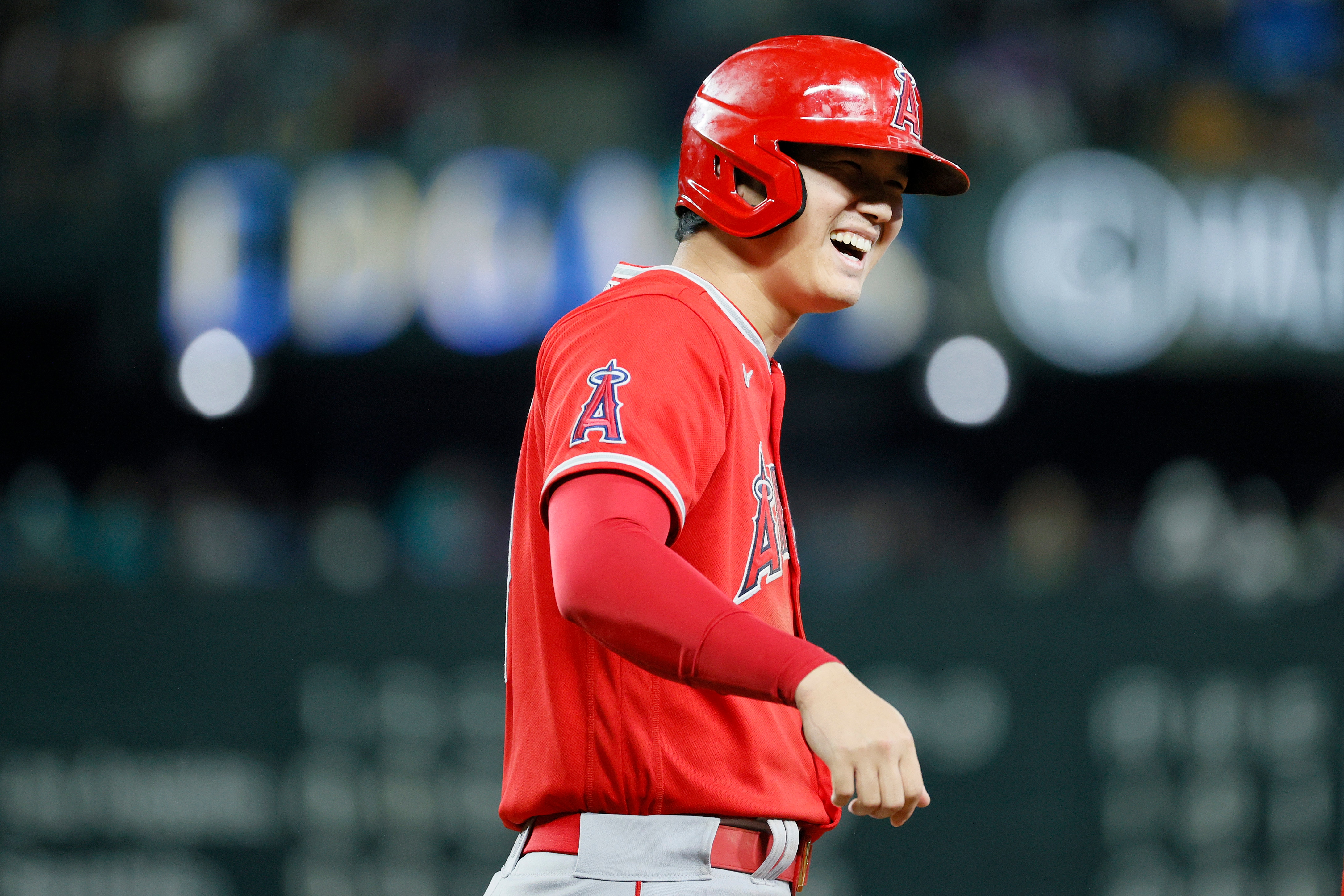 SEATTLE, WASHINGTON - OCTOBER 02: Shohei Ohtani #17 of the Los Angeles Angels stands on first base during the eighth inning against the Seattle Mariners at T-Mobile Park on October 02, 2021 in Seattle, Washington. (Photo by Steph Chambers/Getty Images)