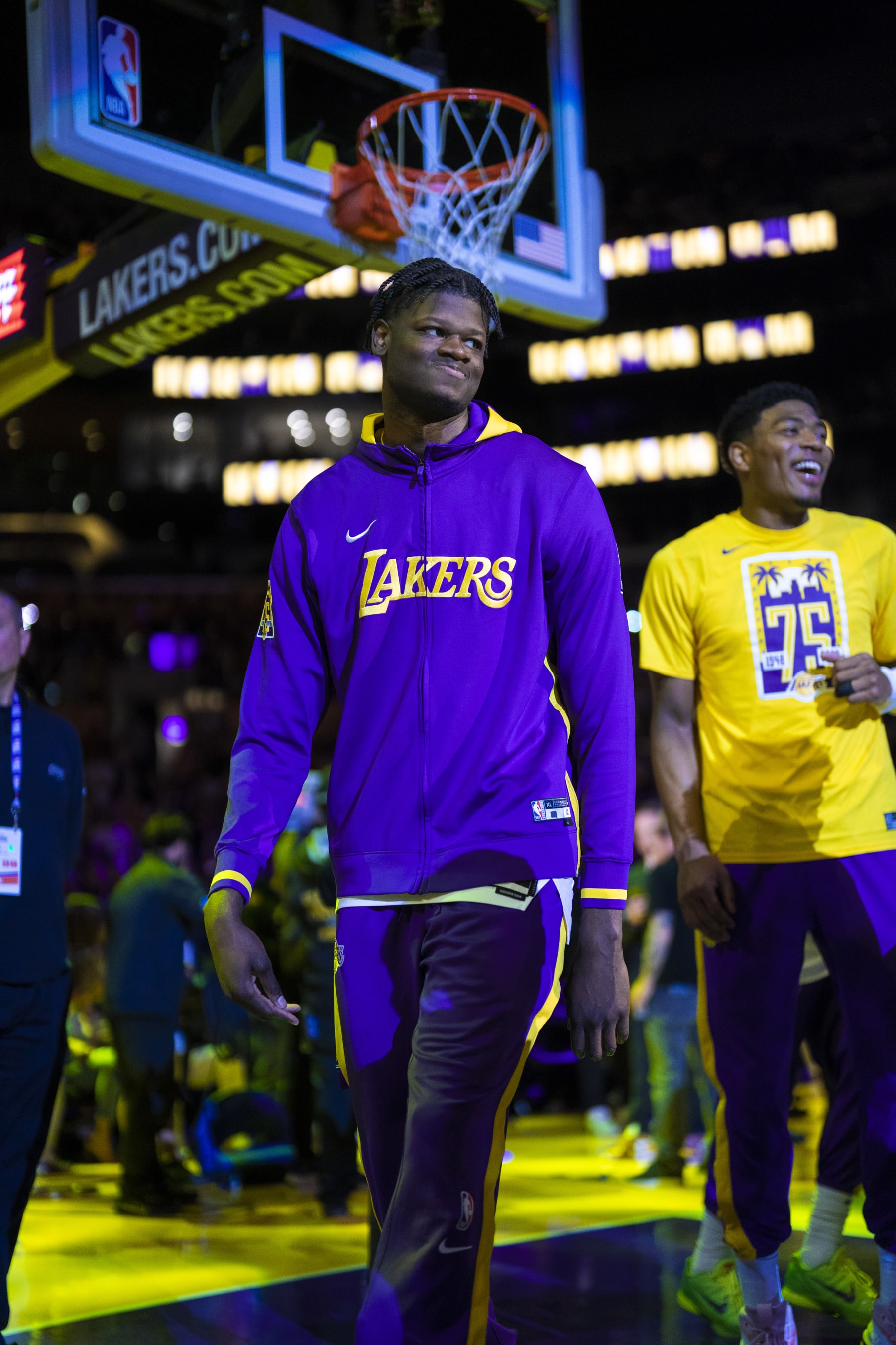 LOS ANGELES, CA - APRIL 9: Mo Bamba #12 of the Los Angeles Lakers is introduced before the game against the Utah Jazz on April 9, 2023 at Crypto.Com Arena in Los Angeles, California. NOTE TO USER: User expressly acknowledges and agrees that, by downloading and/or using this Photograph, user is consenting to the terms and conditions of the Getty Images License Agreement. Mandatory Copyright Notice: Copyright 2023 NBAE (Photo by Tyler Ross/NBAE via Getty Images)